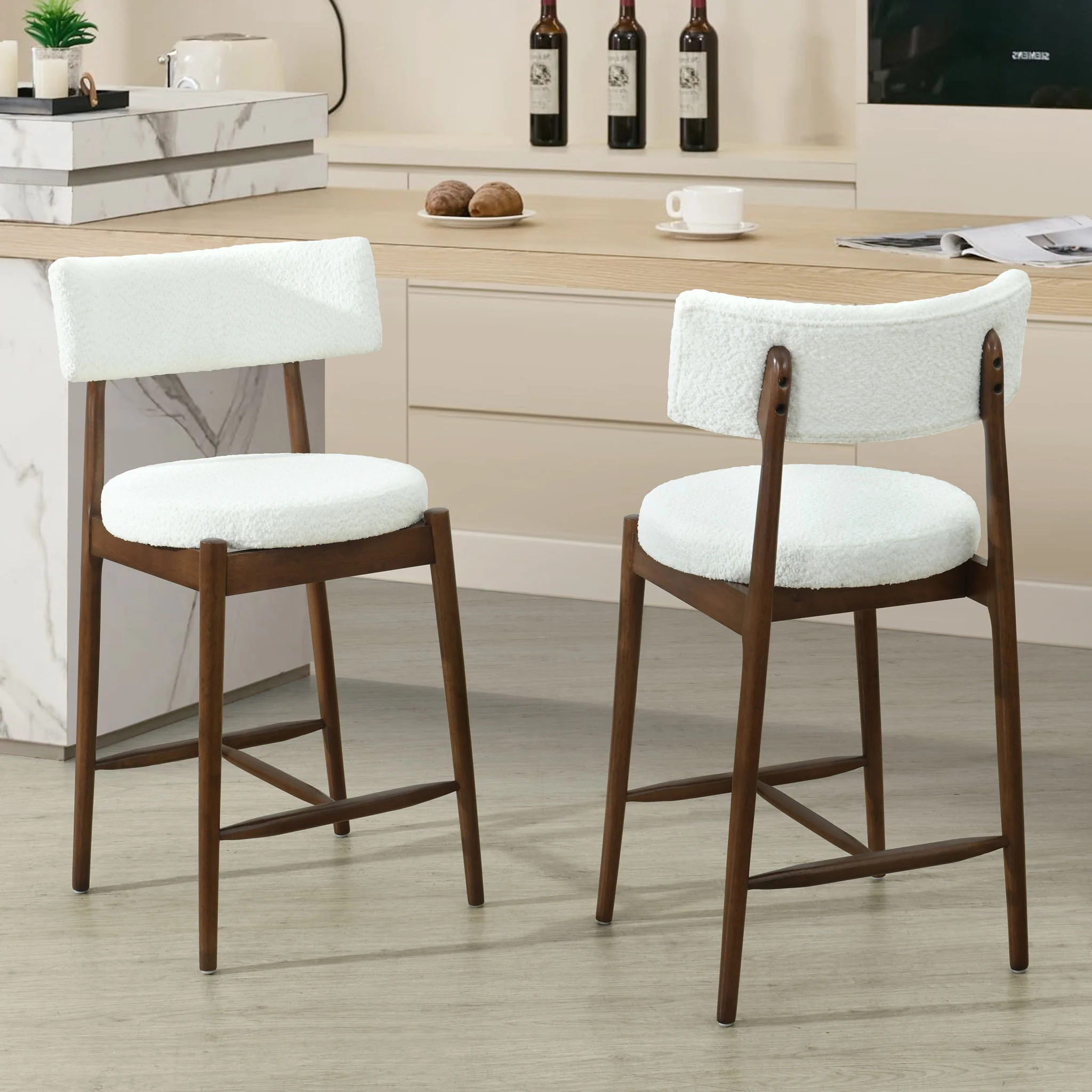 Mid Century Modern Counter Stools, Fabric Upholstered Chairs - Image 6