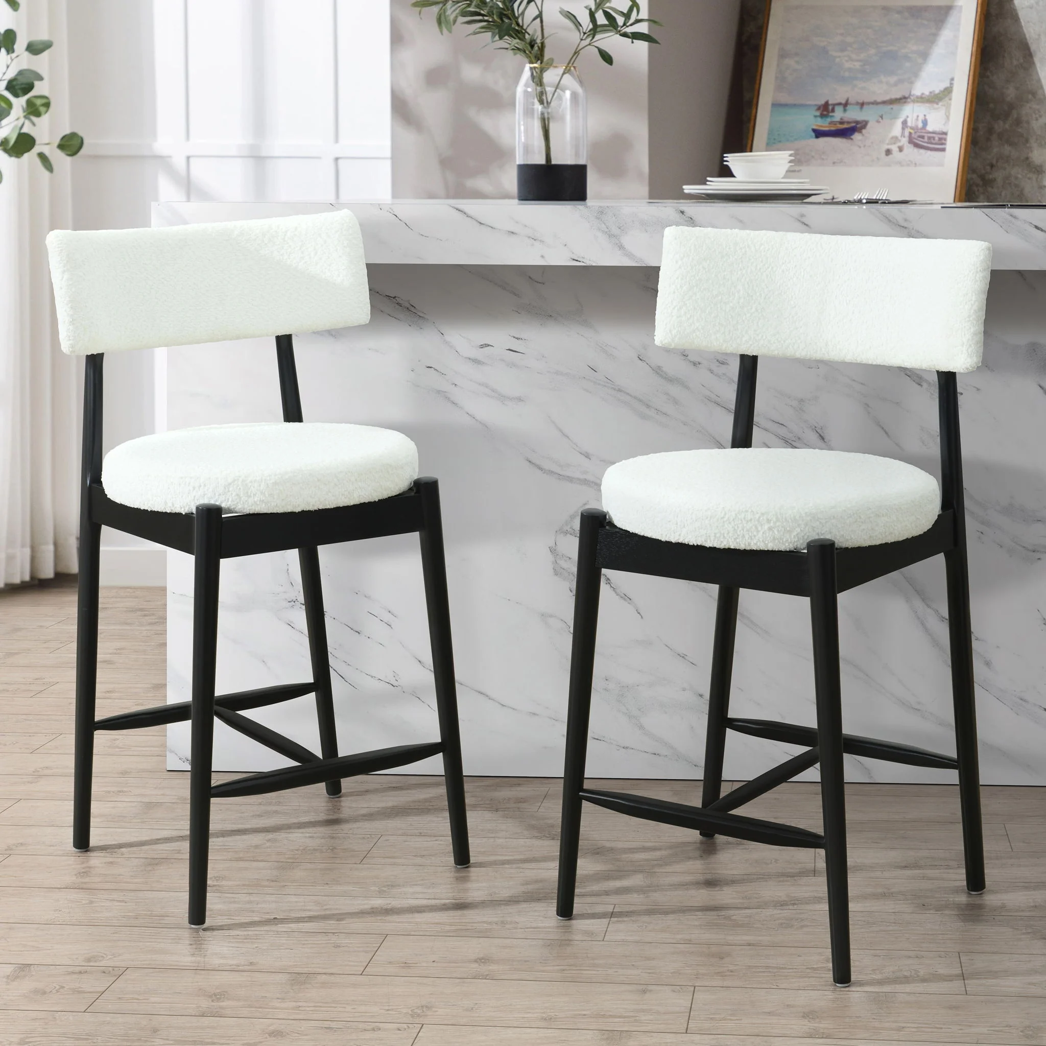 Mid Century Modern Counter Stools, Fabric Upholstered Chairs - Image 7
