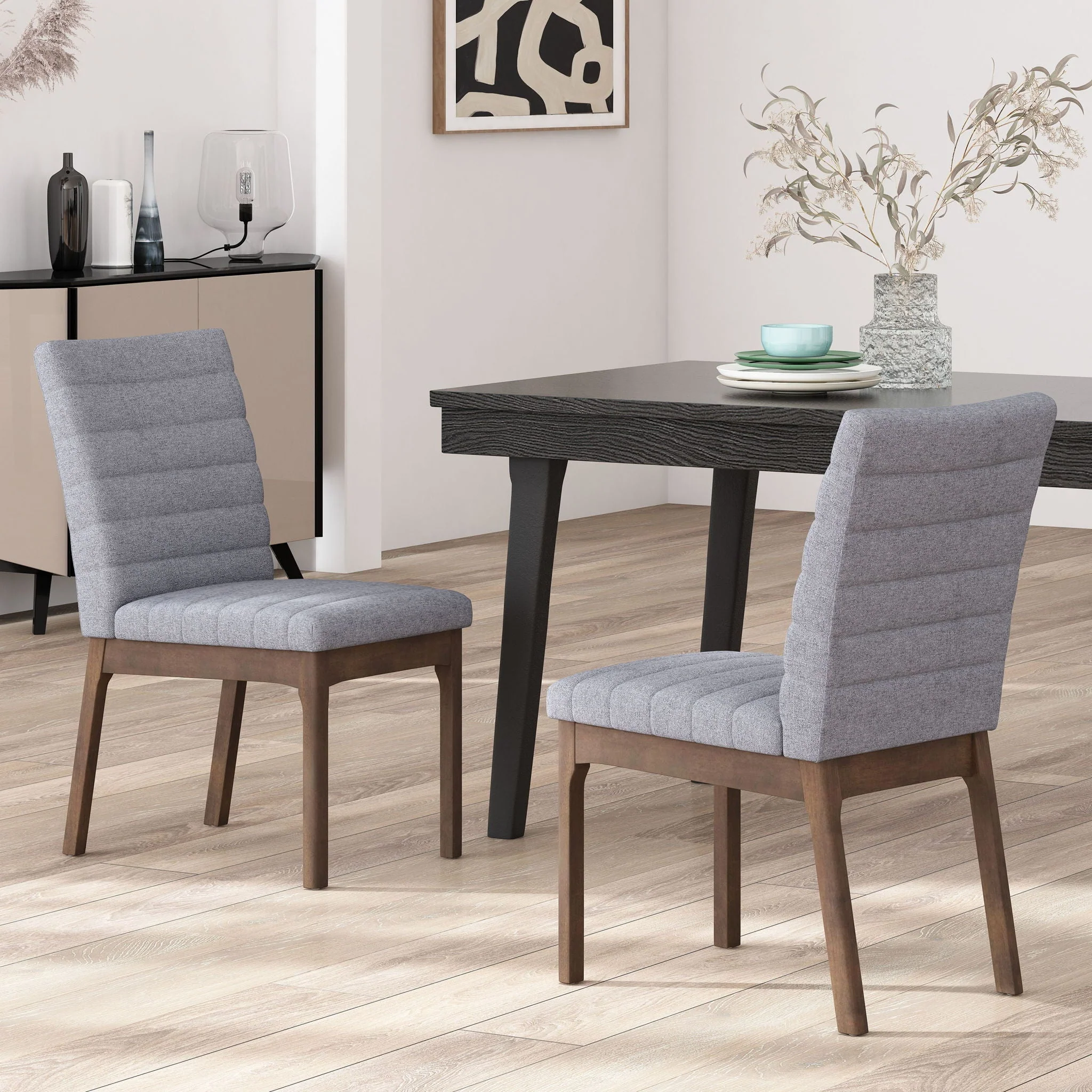 Mid Century Modern Dining Chair Set of 2 with Channel Stitching - Dark Gray - Image 3