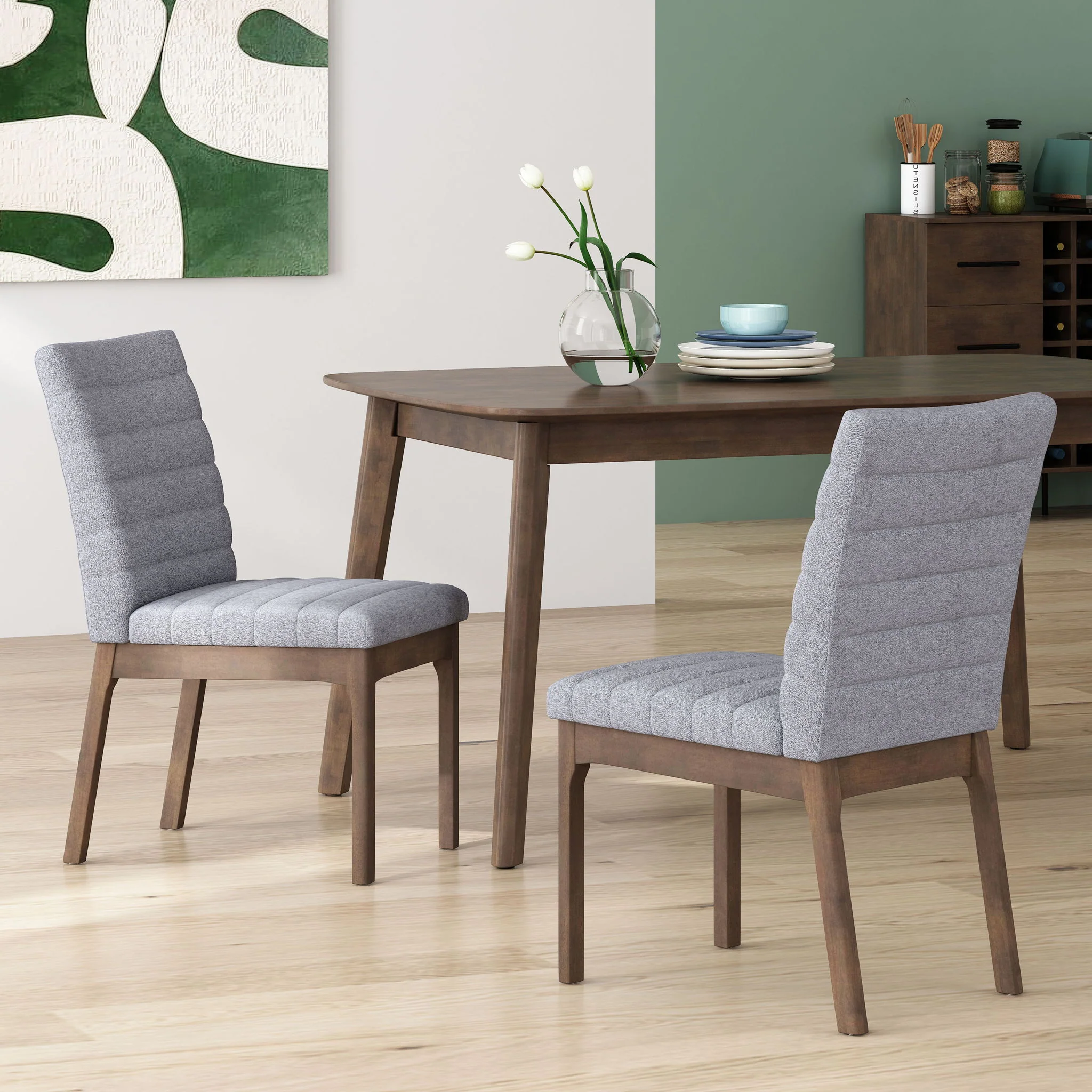 Mid Century Modern Dining Chair Set of 2 with Channel Stitching - Dark Gray - Image 4