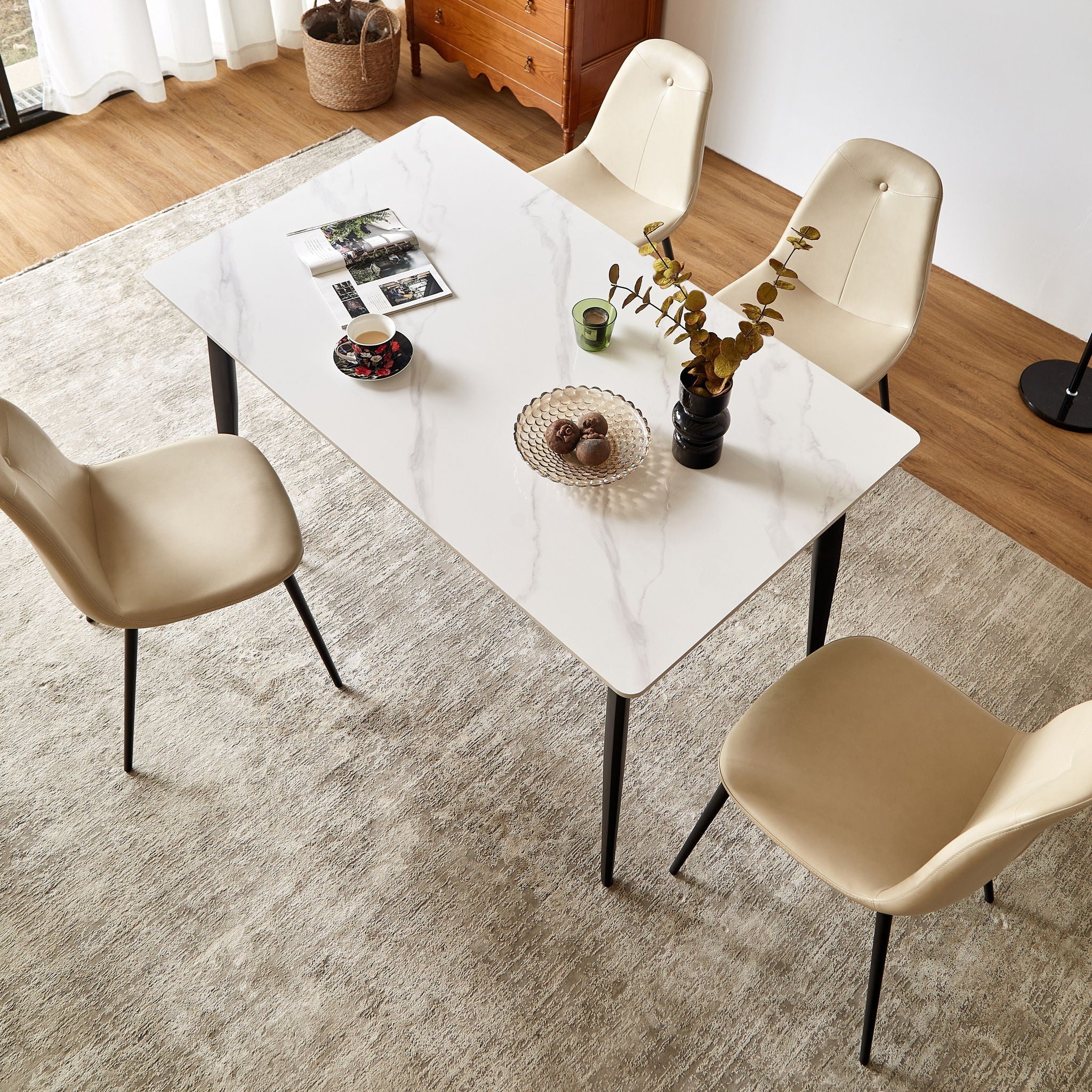 Mid Century Modern Dining Table Round White Sintered Stone Top Heavy Duty Metal Legs Waterproof Surface For Kitchen Dining Room Or Office Furniture - White / Black - Image 2