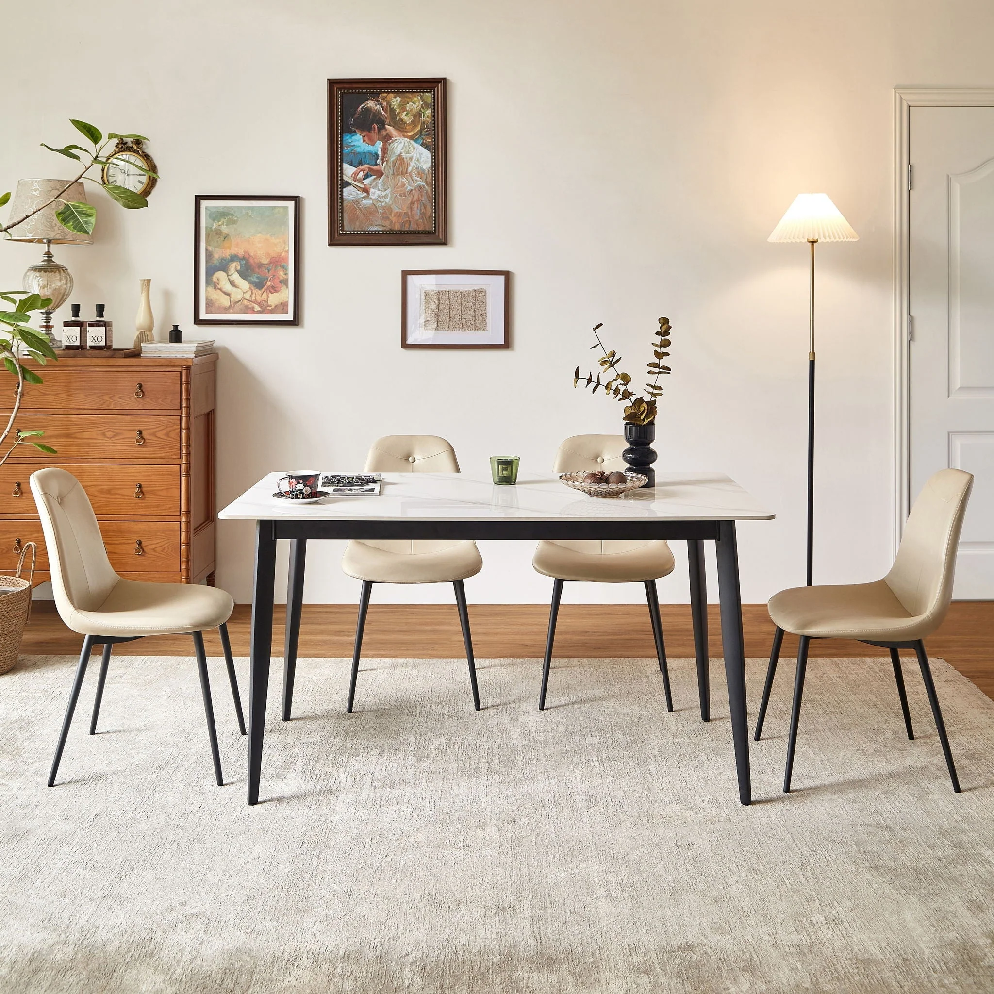 Mid Century Modern Dining Table Round White Sintered Stone Top Heavy Duty Metal Legs Waterproof Surface For Kitchen Dining Room Or Office Furniture - White / Black - Image 4