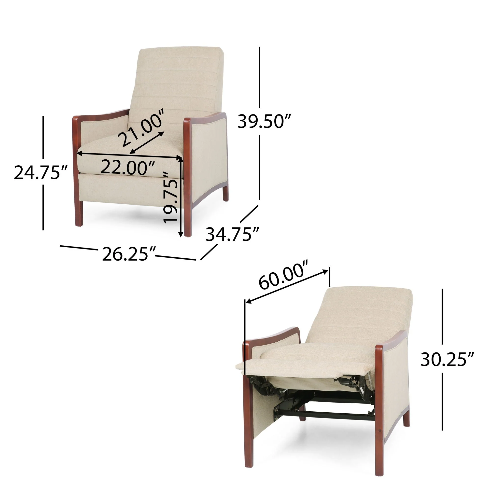 Mid Century Modern Fabric Channel Stitch Wood Pushback Recliner - Image 2