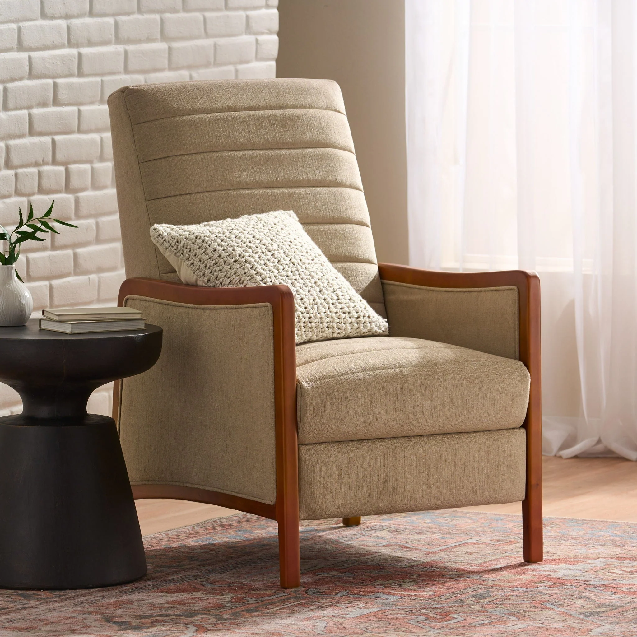 Mid Century Modern Fabric Channel Stitch Wood Pushback Recliner - Image 3