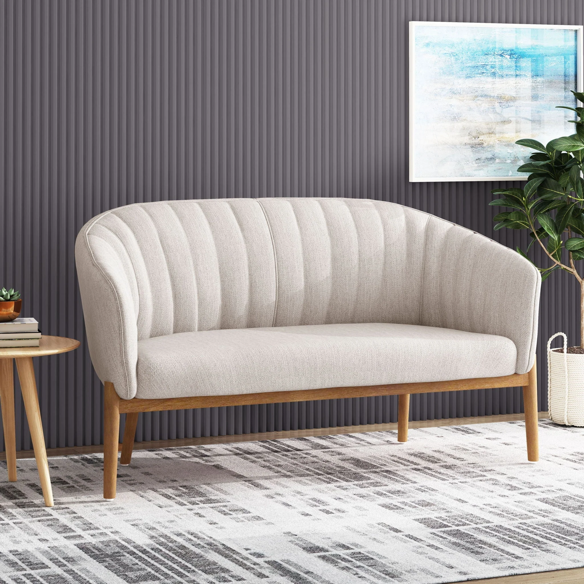 Mid Century Modern Loveseat With Channel Stitched Backrest - Image 4