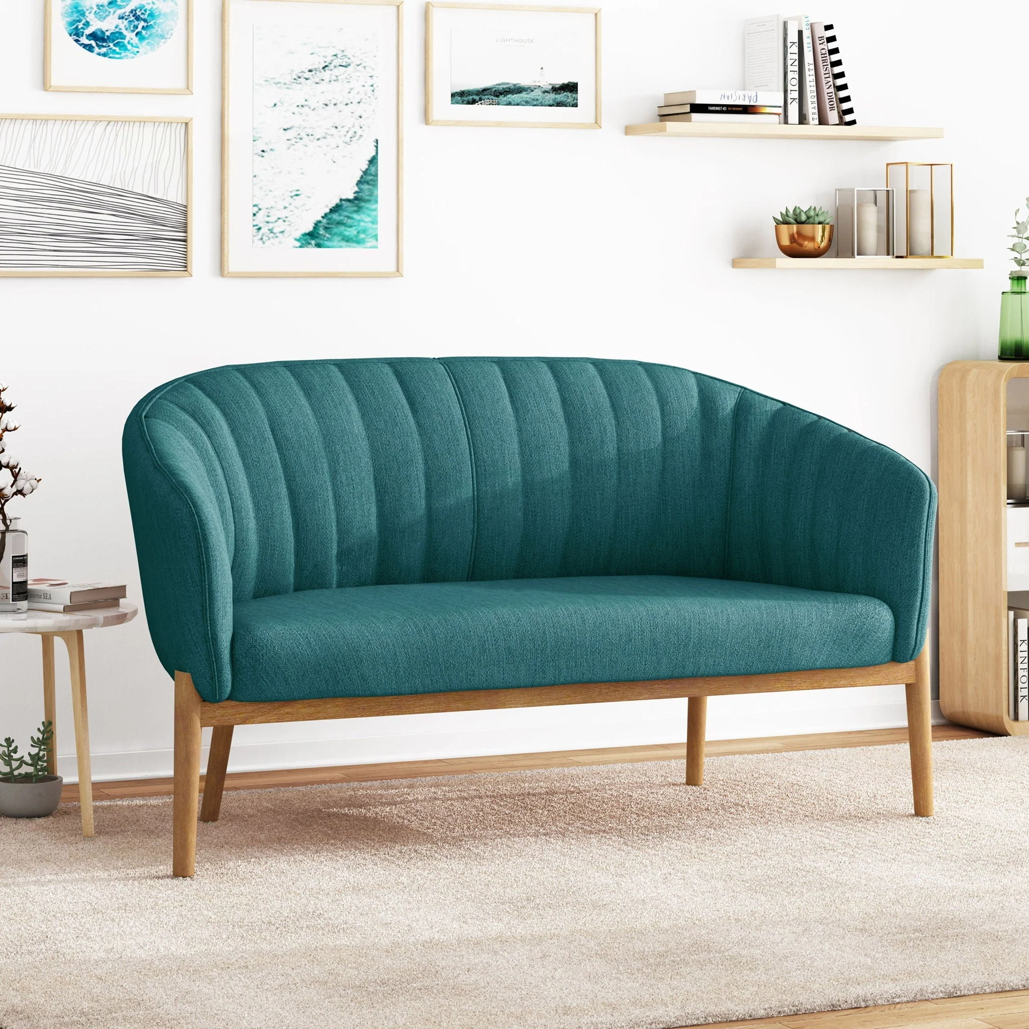Mid Century Modern Loveseat With Channel Stitched Backrest - Image 5