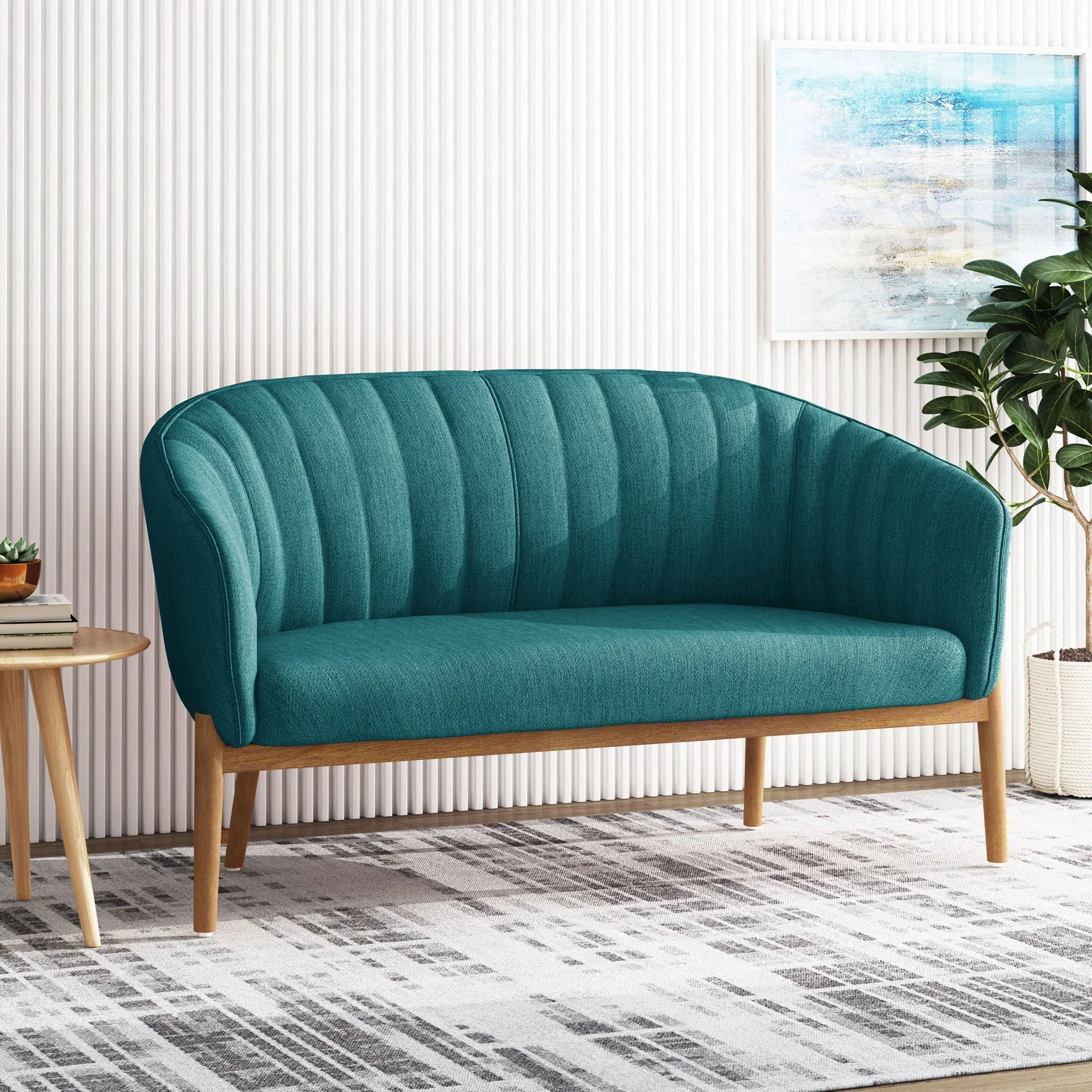 Mid Century Modern Loveseat With Channel Stitched Backrest - Image 7