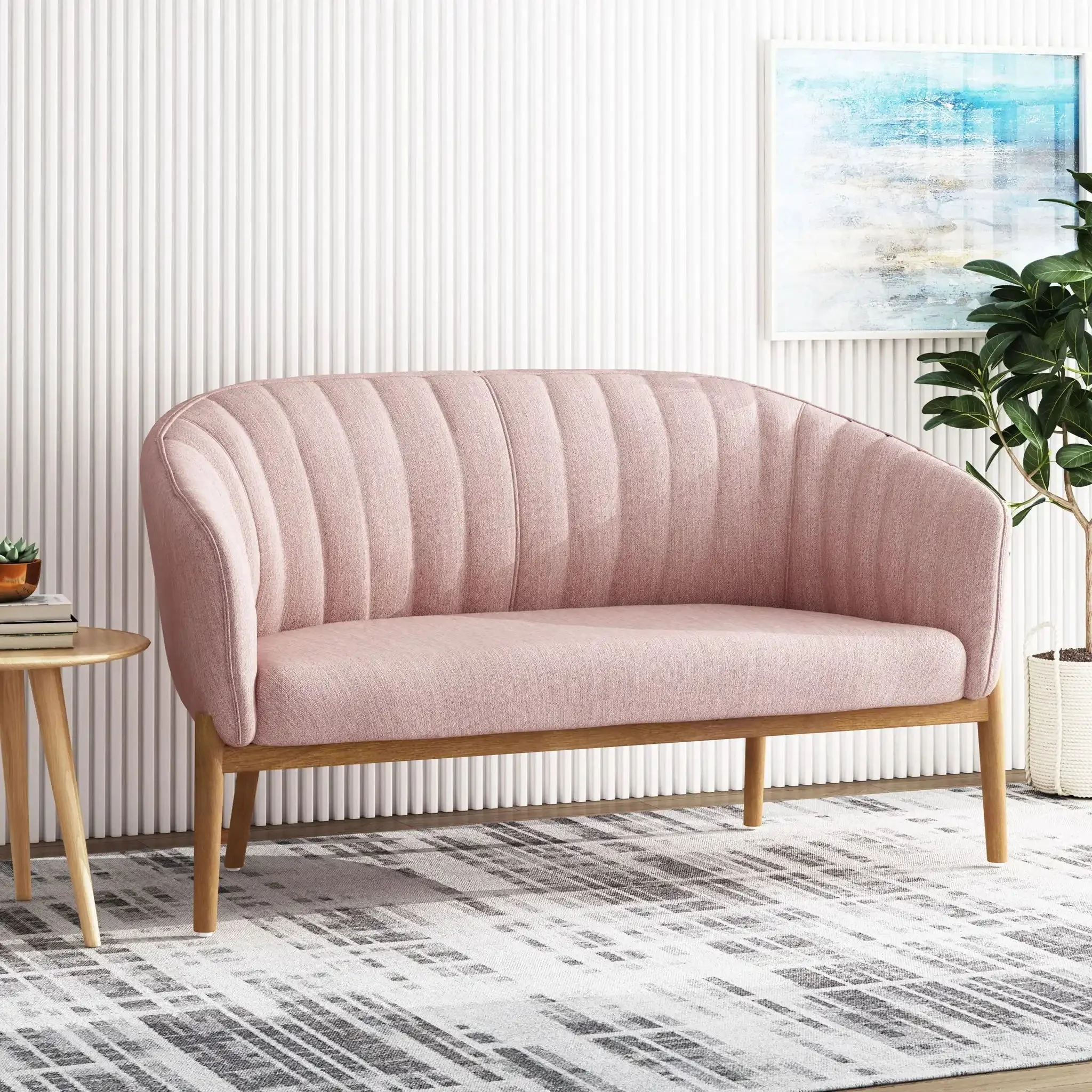Mid Century Modern Loveseat With Channel Stitched Backrest - Image 9