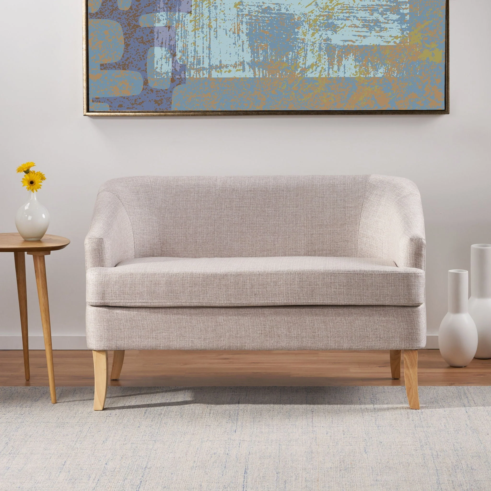 Mid Century Modern Loveseat With Polyester Upholstery And Birch Wood Frame - Beige - Image 2