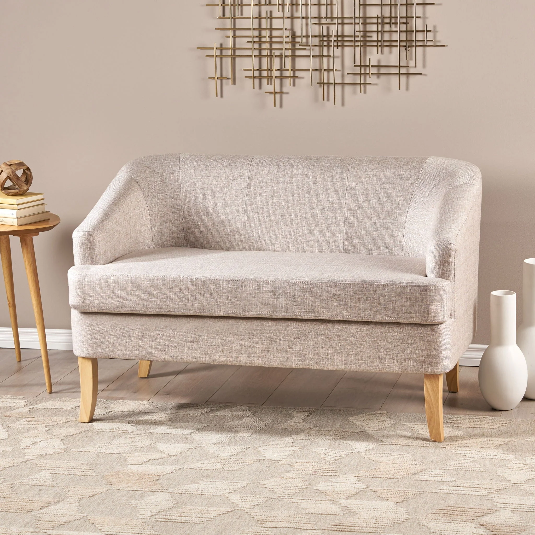 Mid Century Modern Loveseat With Polyester Upholstery And Birch Wood Frame - Beige - Image 4