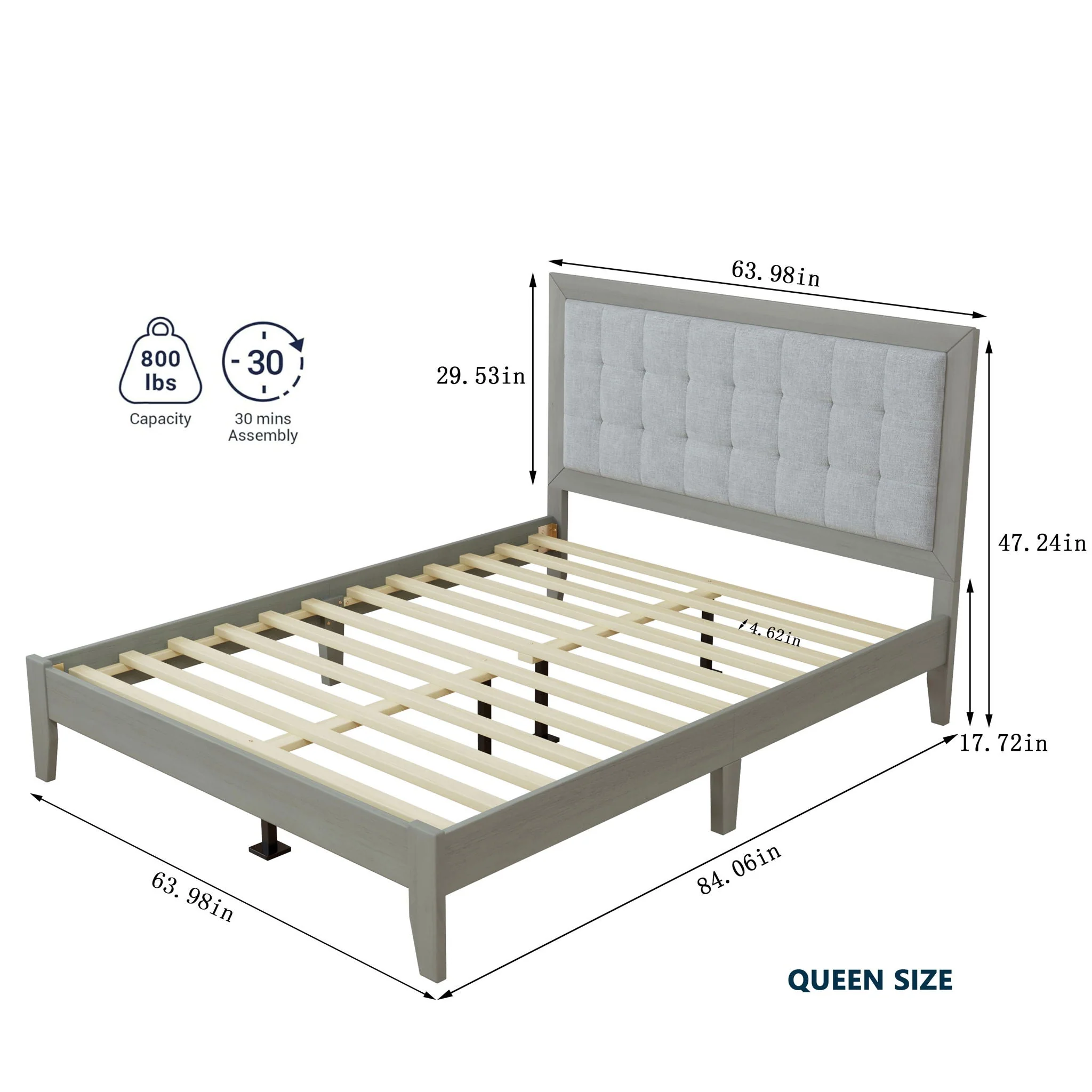 Mid Century Modern Platform Bed With Upholstered Headboard - Image 3