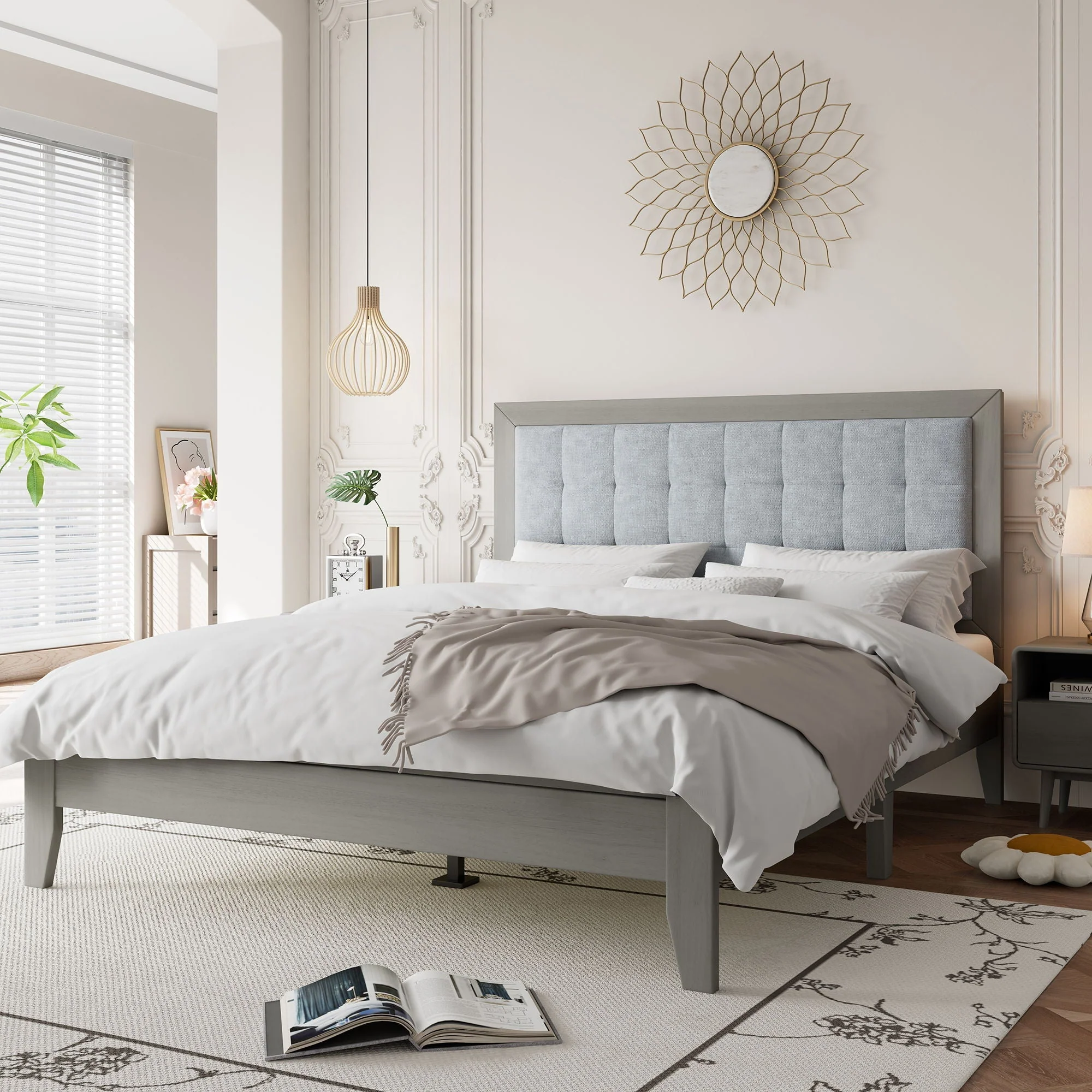 Mid Century Modern Platform Bed With Upholstered Headboard - Image 4