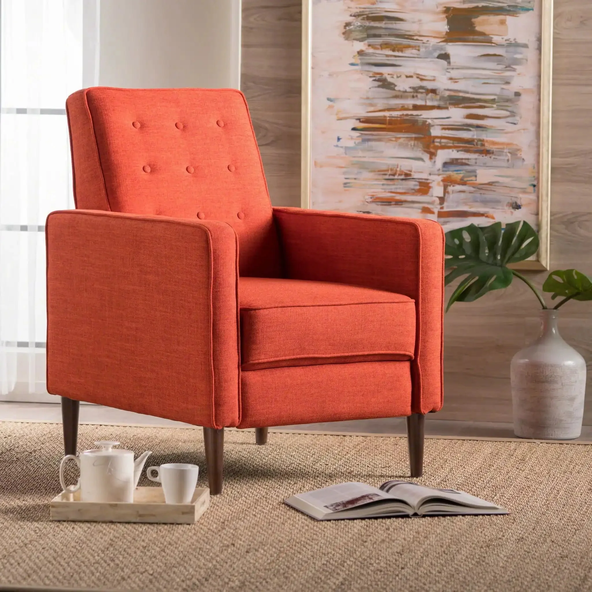 Mid-Century Modern Recliner With Button Tufted Waffle Stitch - Image 10