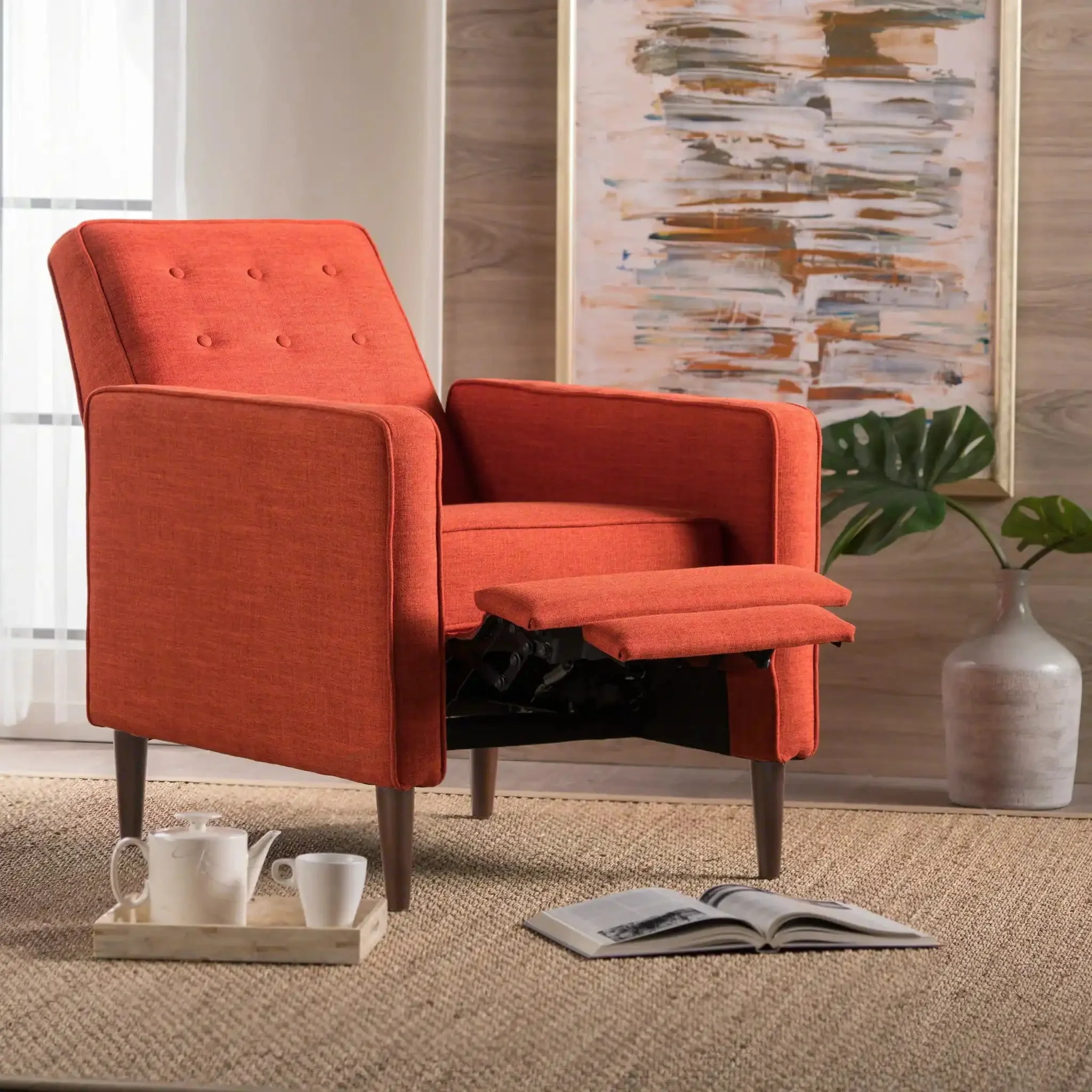 Mid-Century Modern Recliner With Button Tufted Waffle Stitch - Image 15