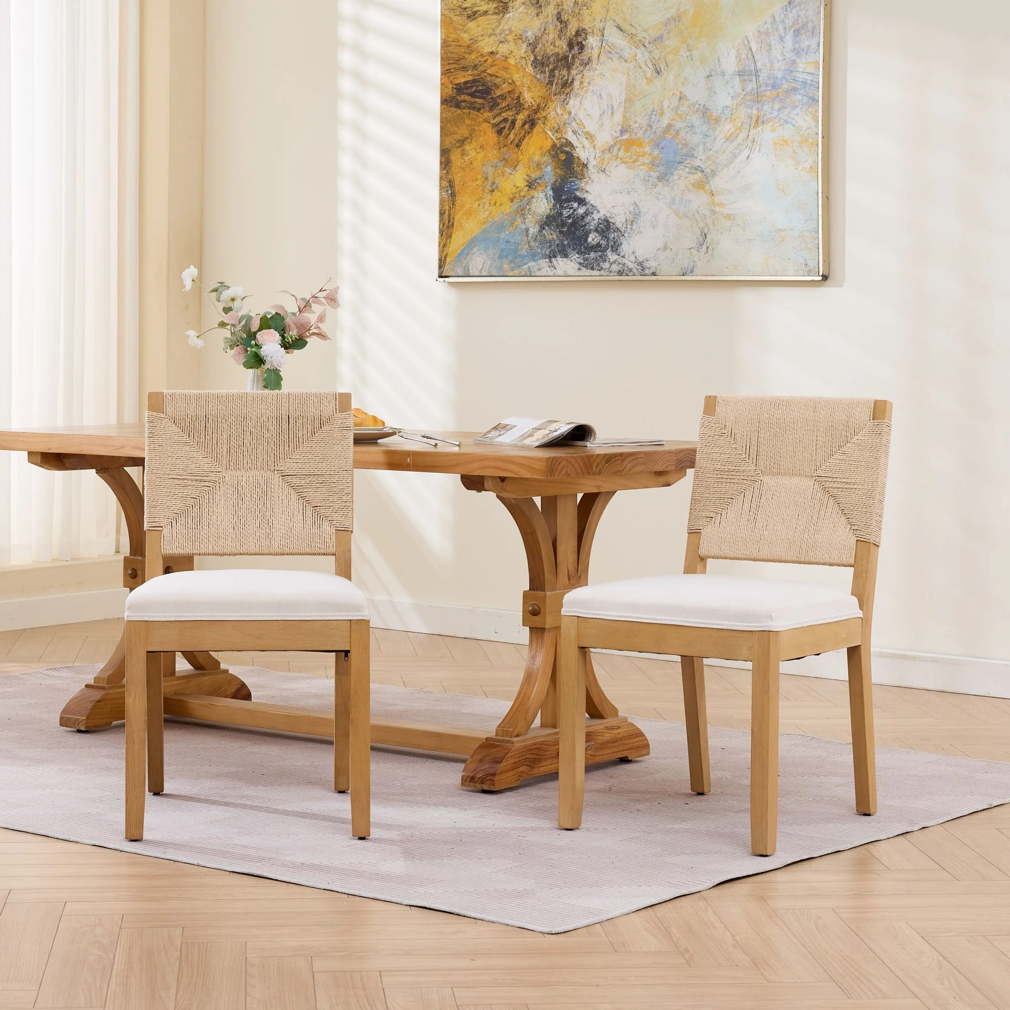 Mid-Century Modern Rope Rattan Dining Chairs Set of 2 - Image 15