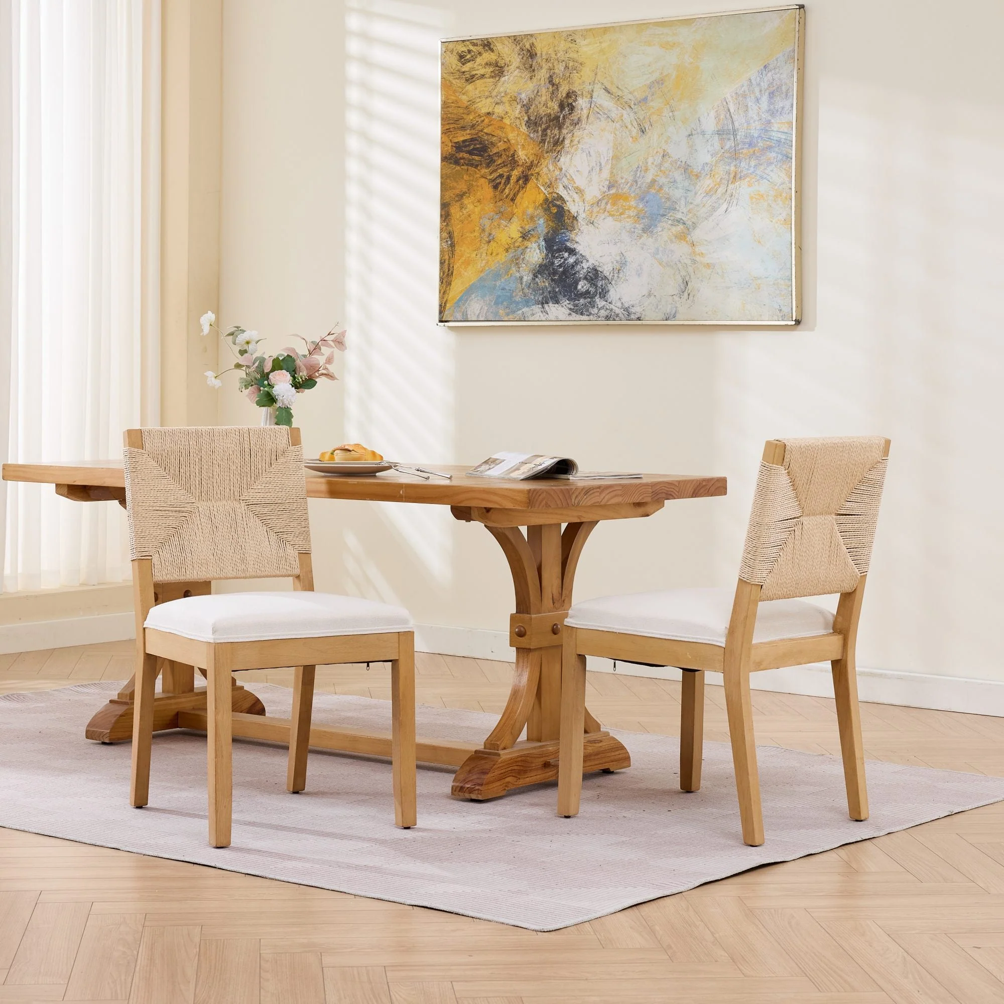 Mid-Century Modern Rope Rattan Dining Chairs Set of 2 - Image 2