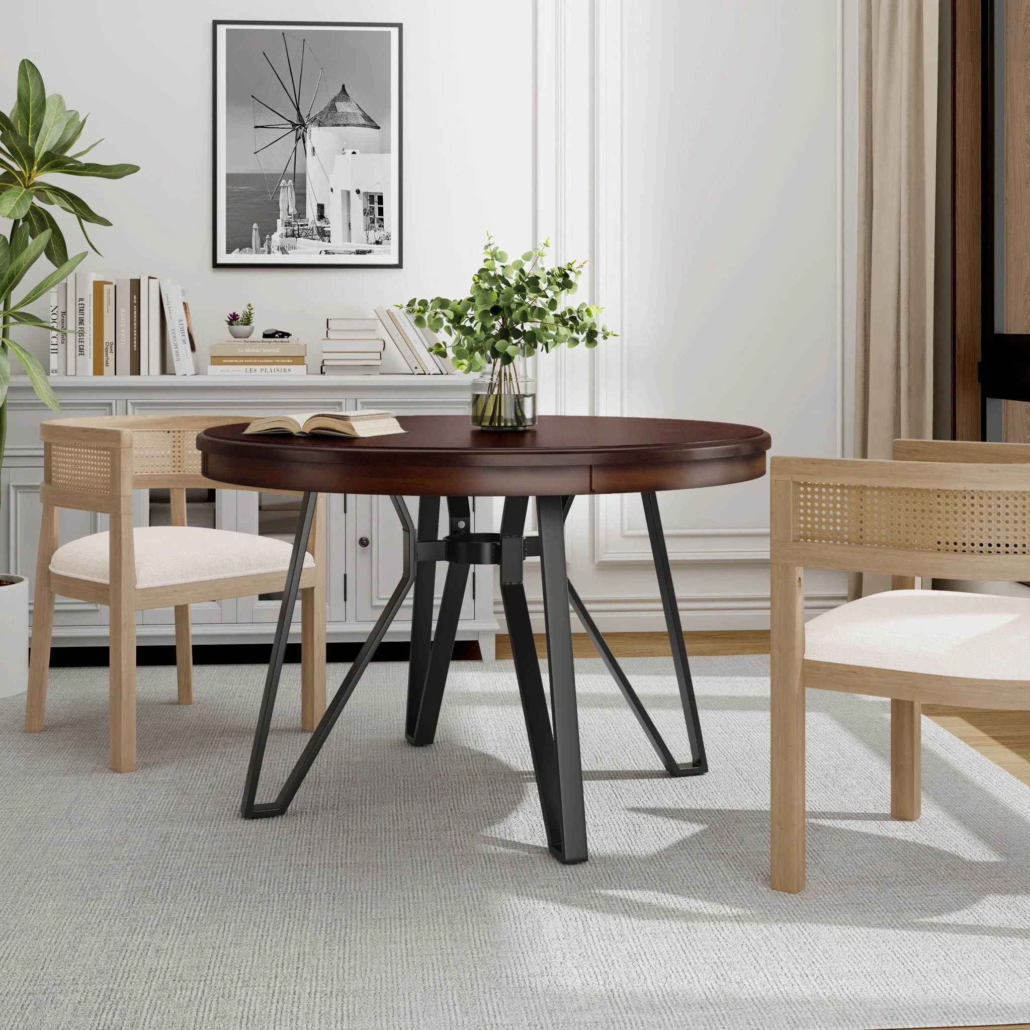 Mid Century Modern Round Dining Table With Metal Legs And Open Shelf - Image 3