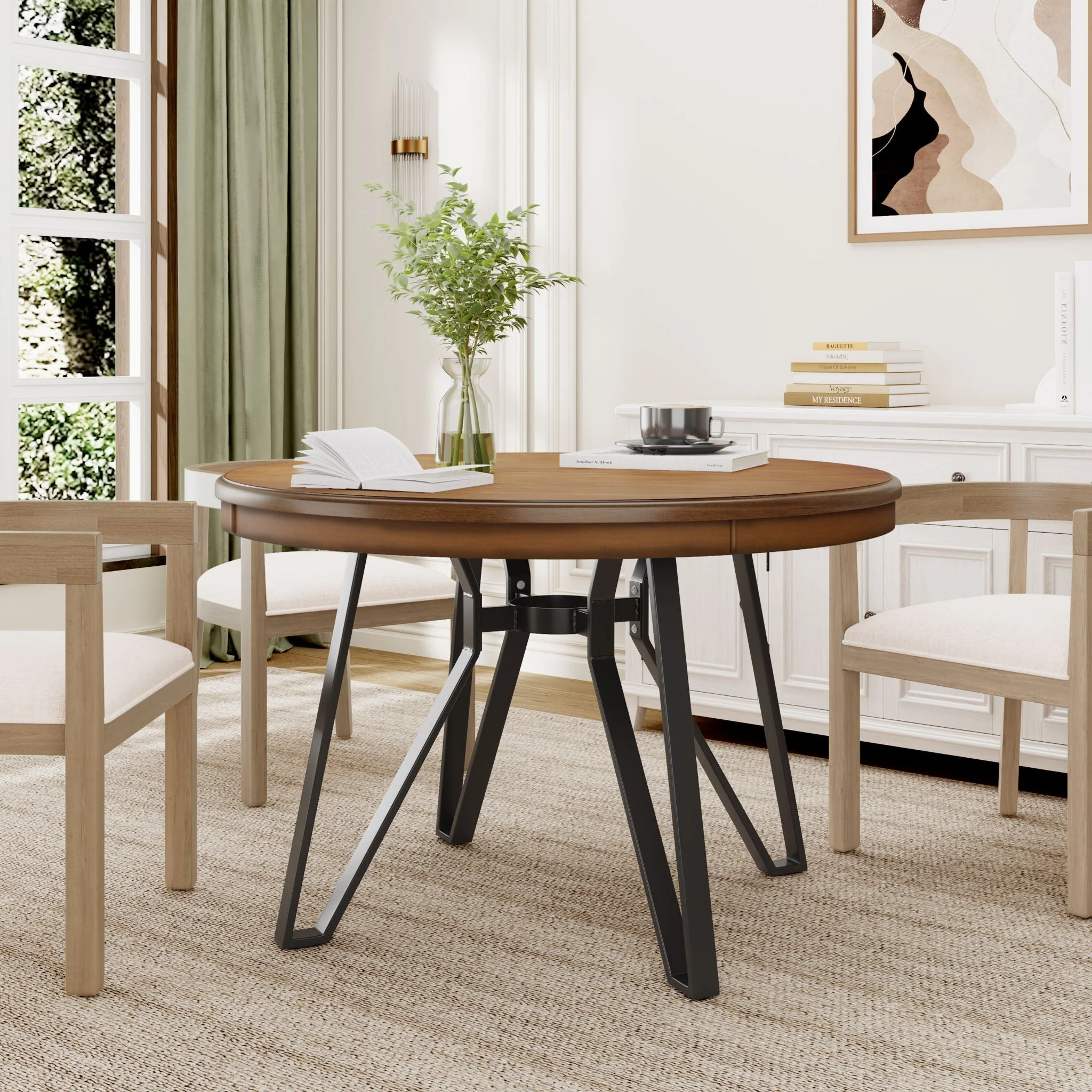 Mid Century Modern Round Dining Table With Metal Legs And Open Shelf - Image 7