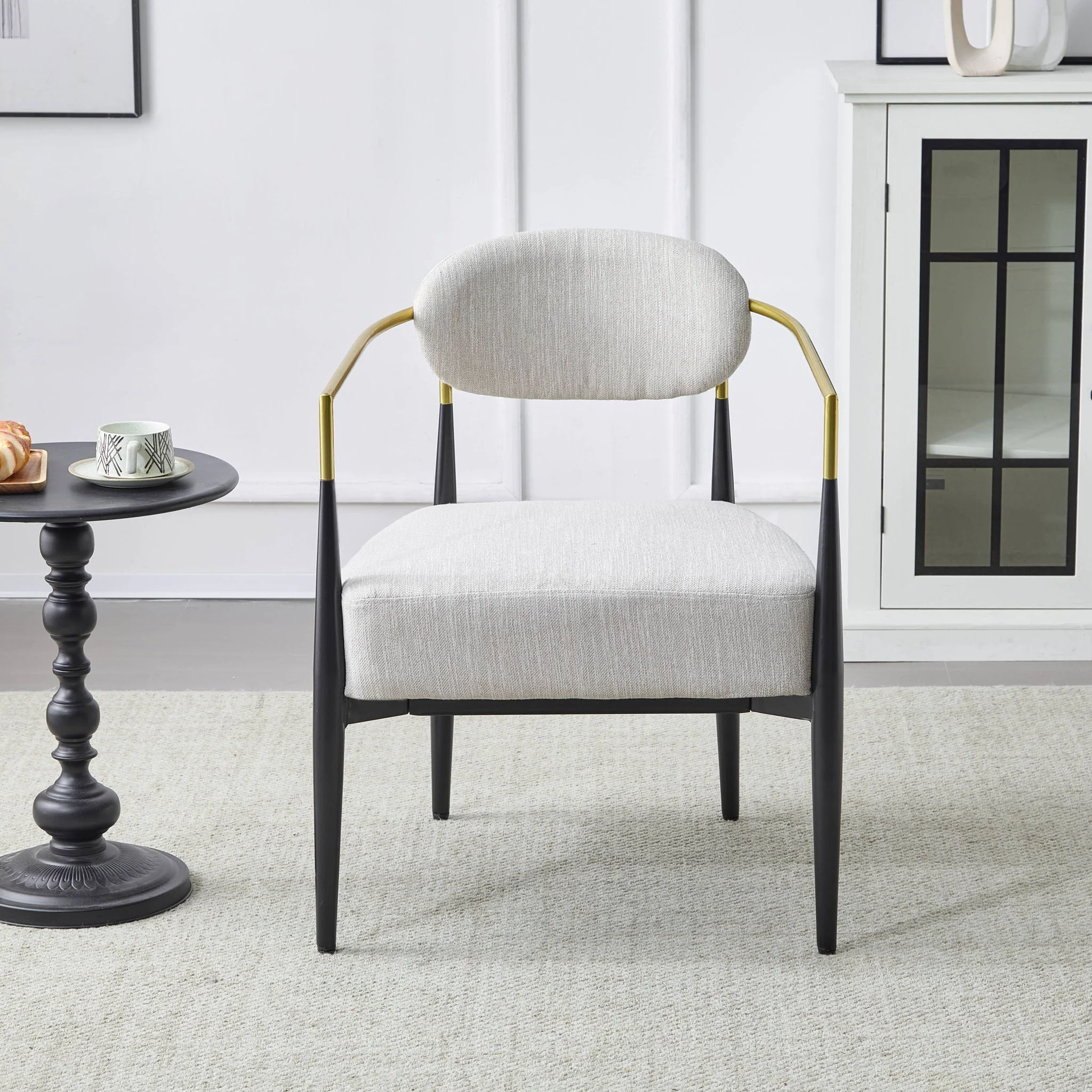 Mid Century Modern Upholstered Accent Armchair With Tapered Legs - Beige / Black / Gold - Image 3