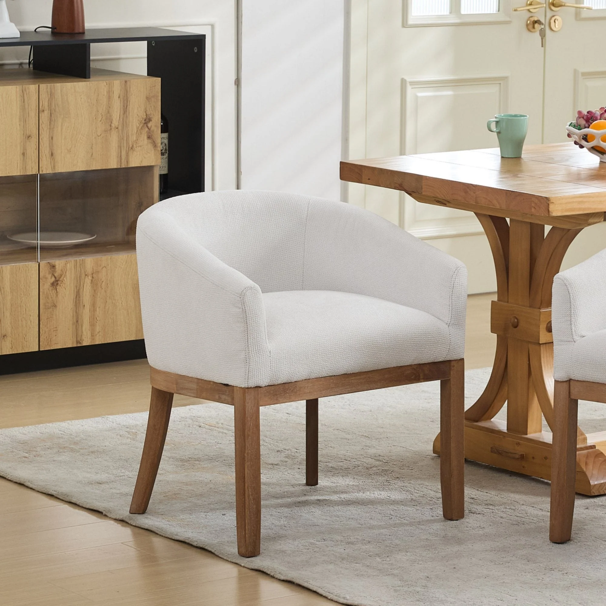 Mid Century Modern Upholstered Barrel Dining Chair with Arms - Image 2