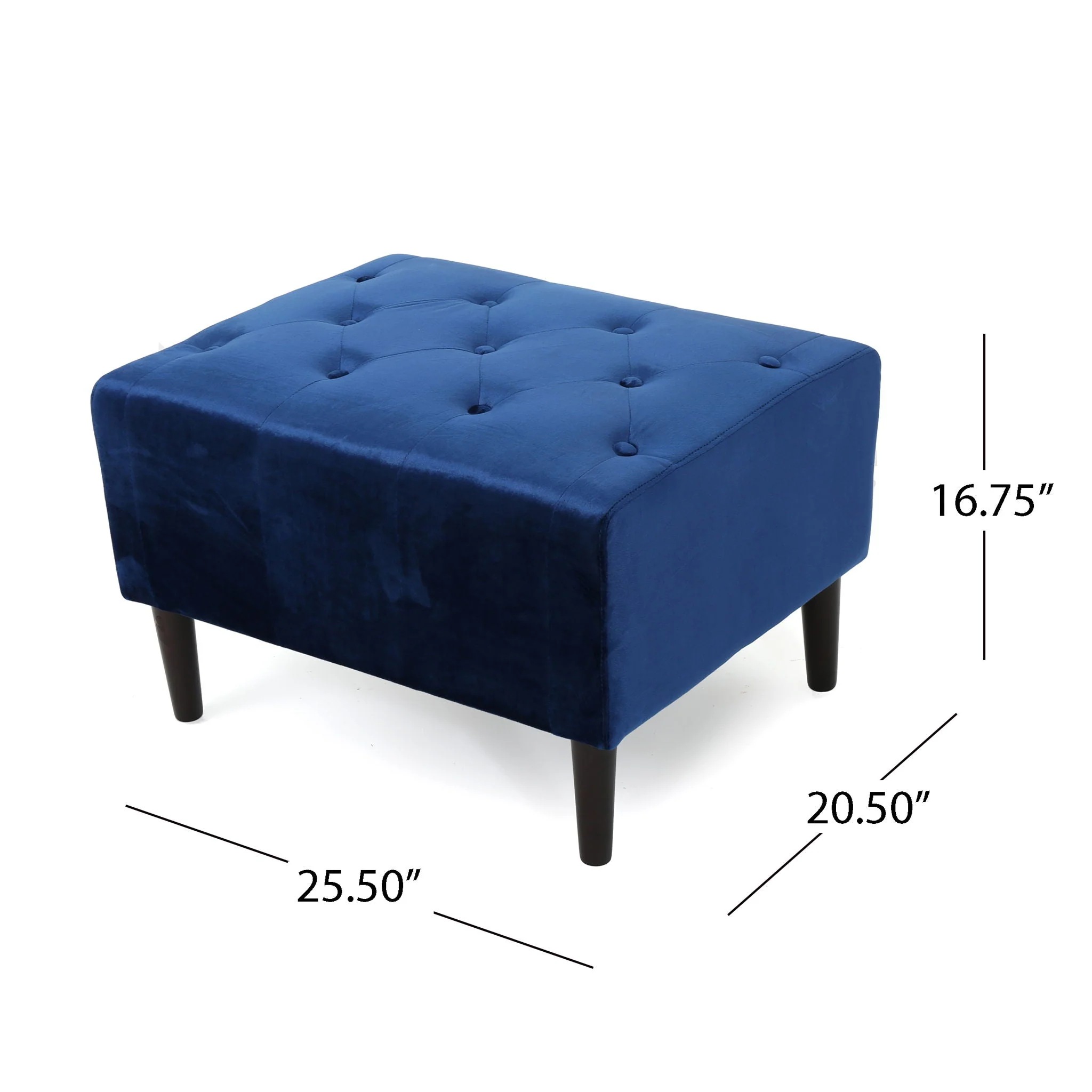 Mid Century Ottoman Velvet With Button Tufting With Birch Wood Legs - Navy Blue - Image 2