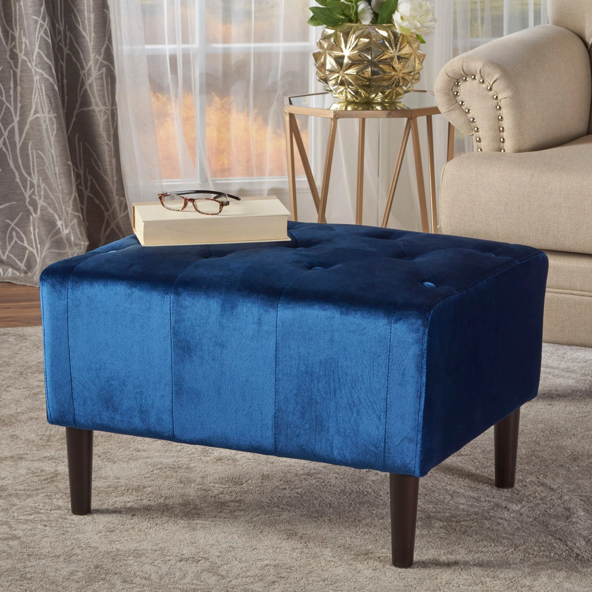 Mid Century Ottoman Velvet With Button Tufting With Birch Wood Legs - Navy Blue - Image 3