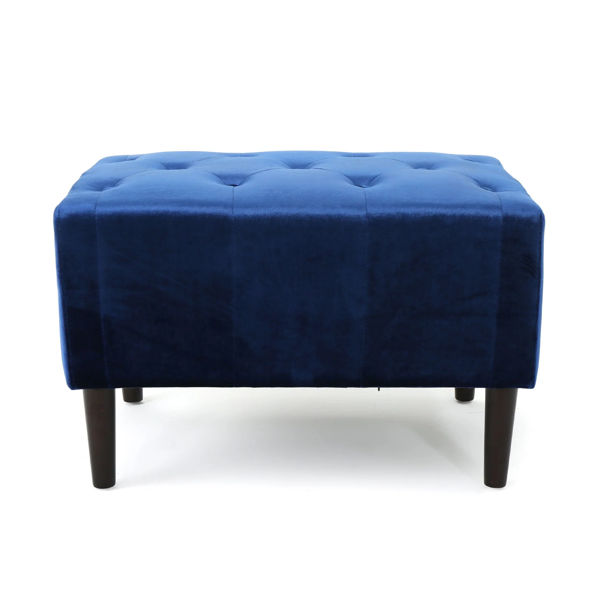 Mid Century Ottoman Velvet With Button Tufting With Birch Wood Legs - Navy Blue - Image 4