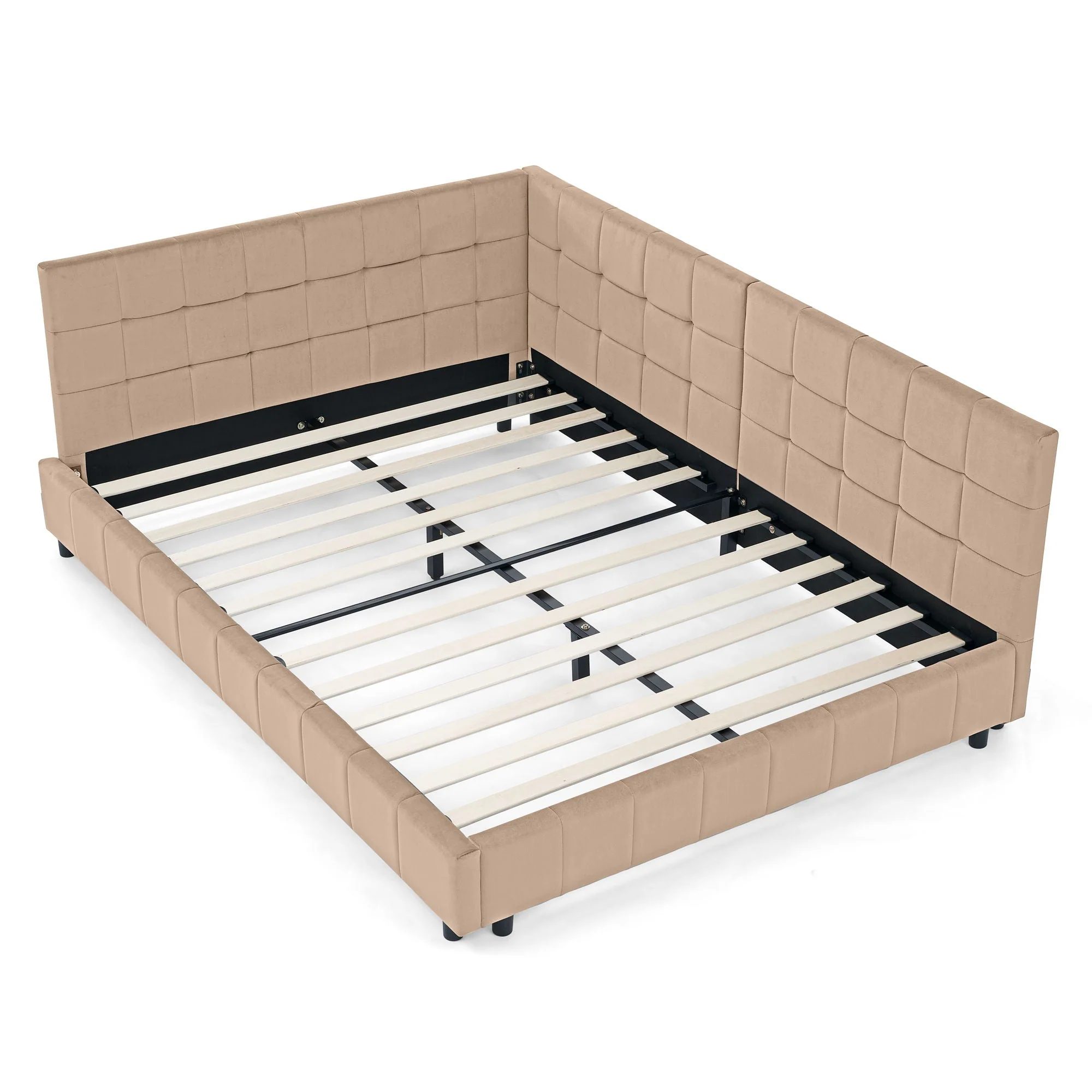 Mid-Century Storage Upholstered Tufted Bed Frame With Backrest And Armrests - Image 14