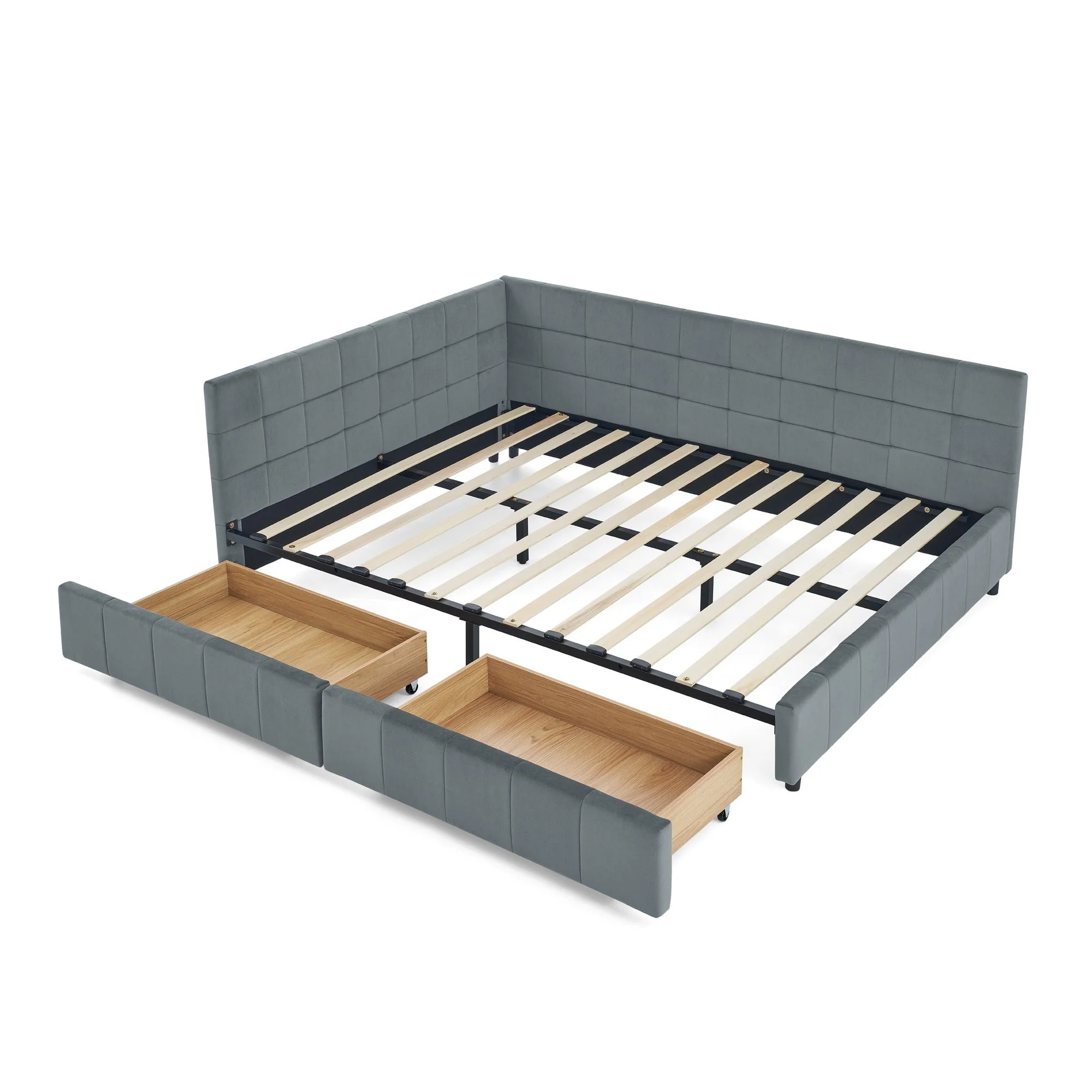 Mid-Century Storage Upholstered Tufted Bed Frame With Backrest And Armrests - Image 17