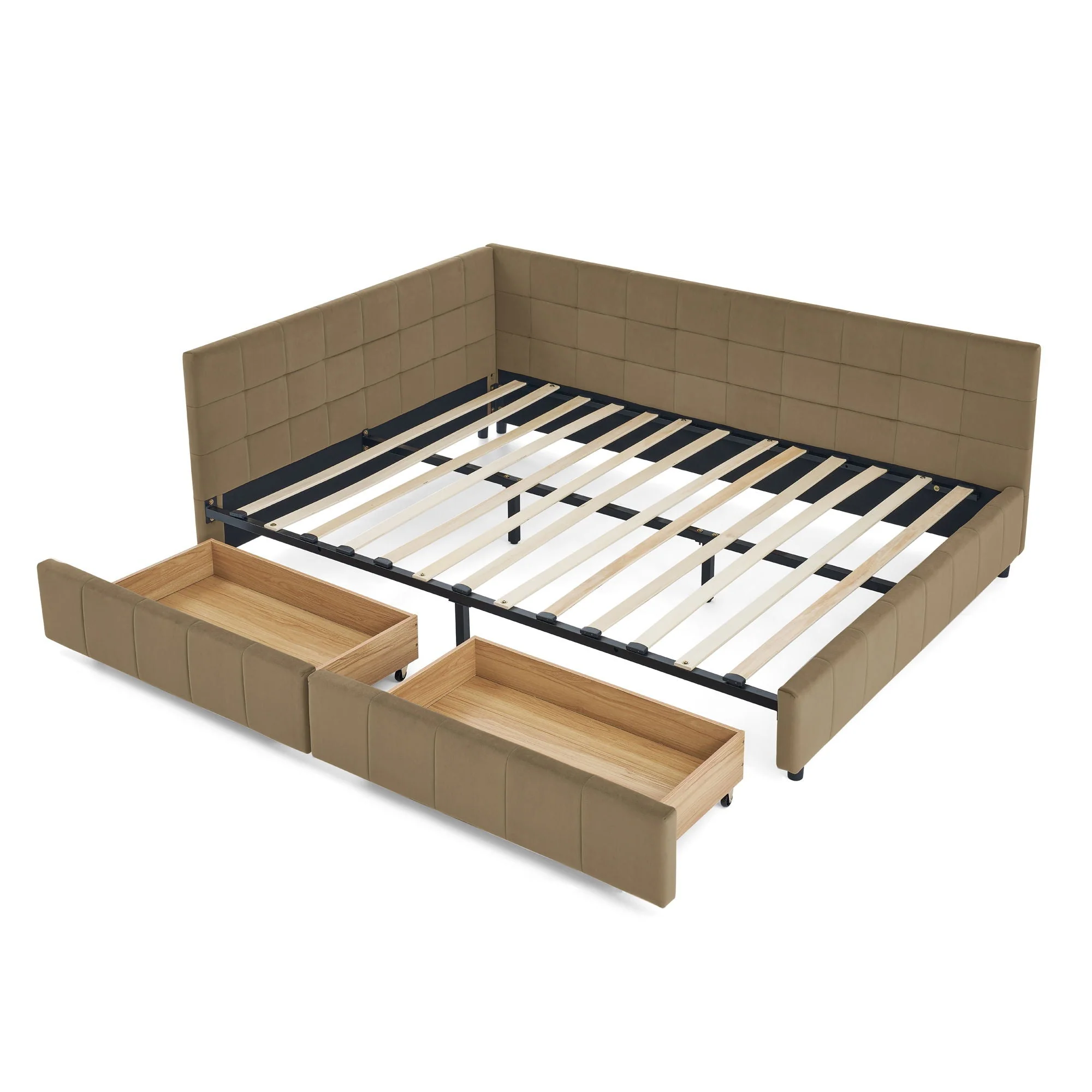 Mid-Century Storage Upholstered Tufted Bed Frame With Backrest And Armrests - Image 21
