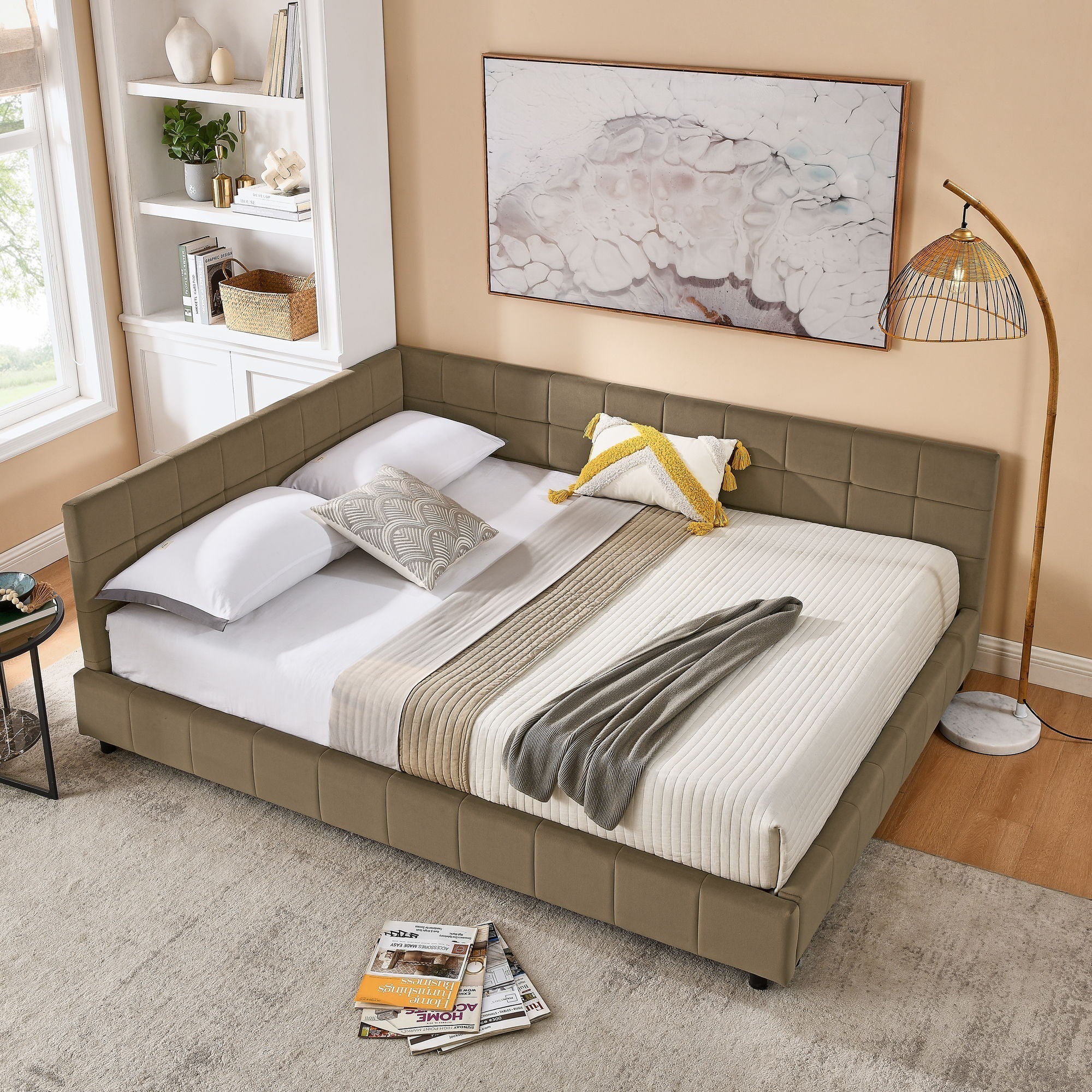 Mid-Century Storage Upholstered Tufted Bed Frame With Backrest And Armrests - Image 23