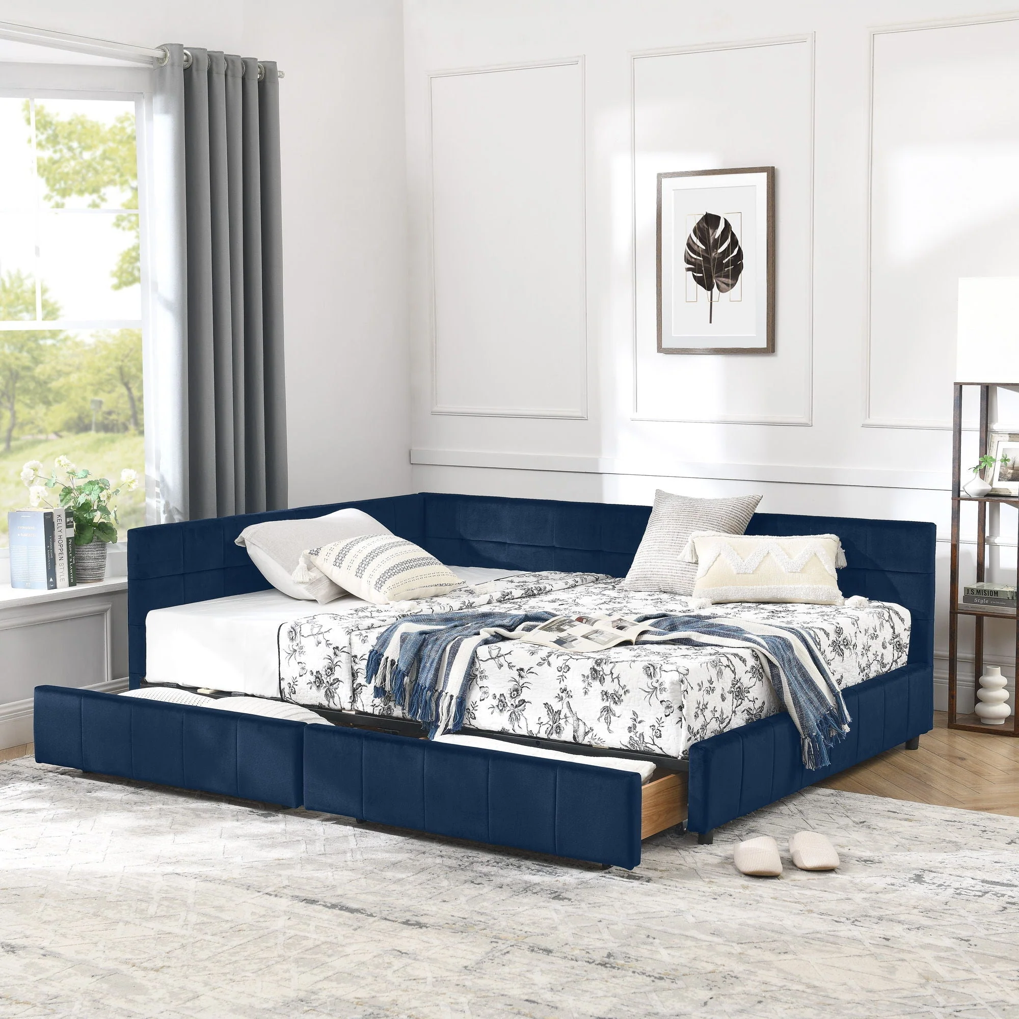 Mid-Century Storage Upholstered Tufted Bed Frame With Backrest And Armrests - Image 24