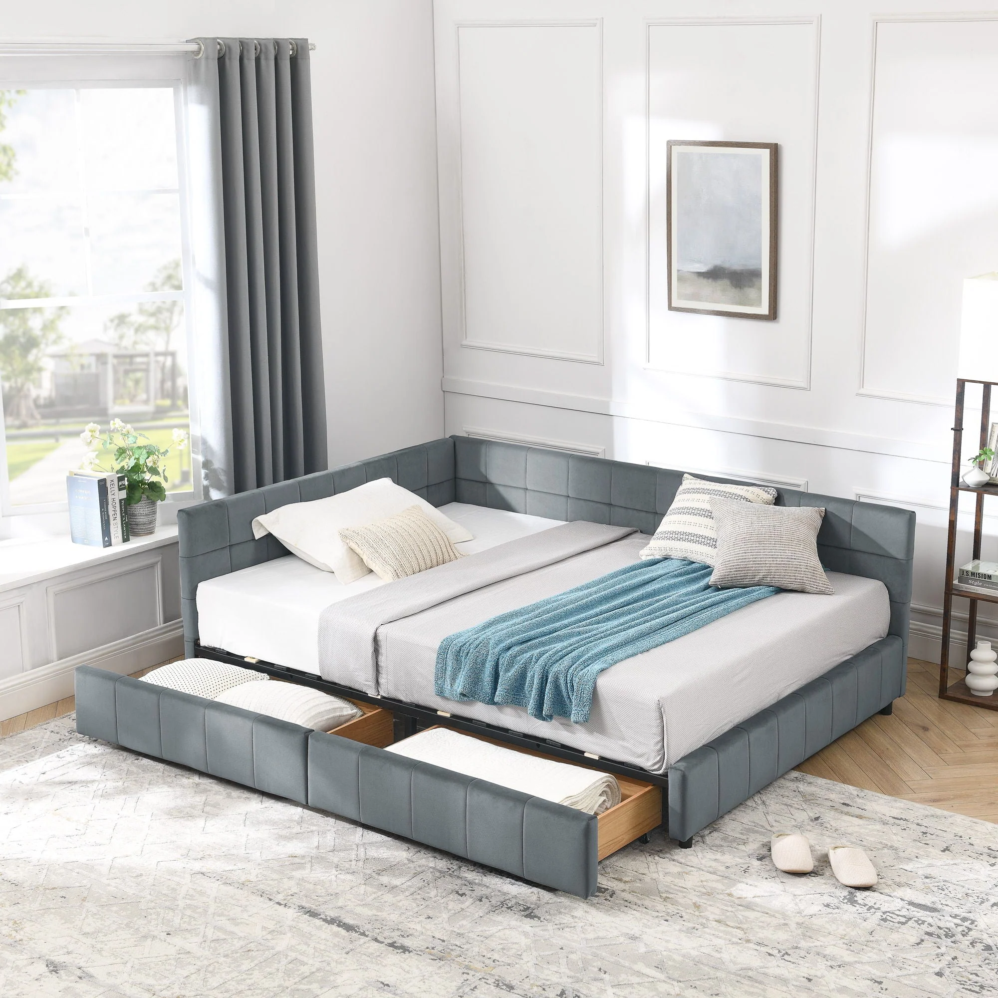 Mid-Century Storage Upholstered Tufted Bed Frame With Backrest And Armrests - Image 25