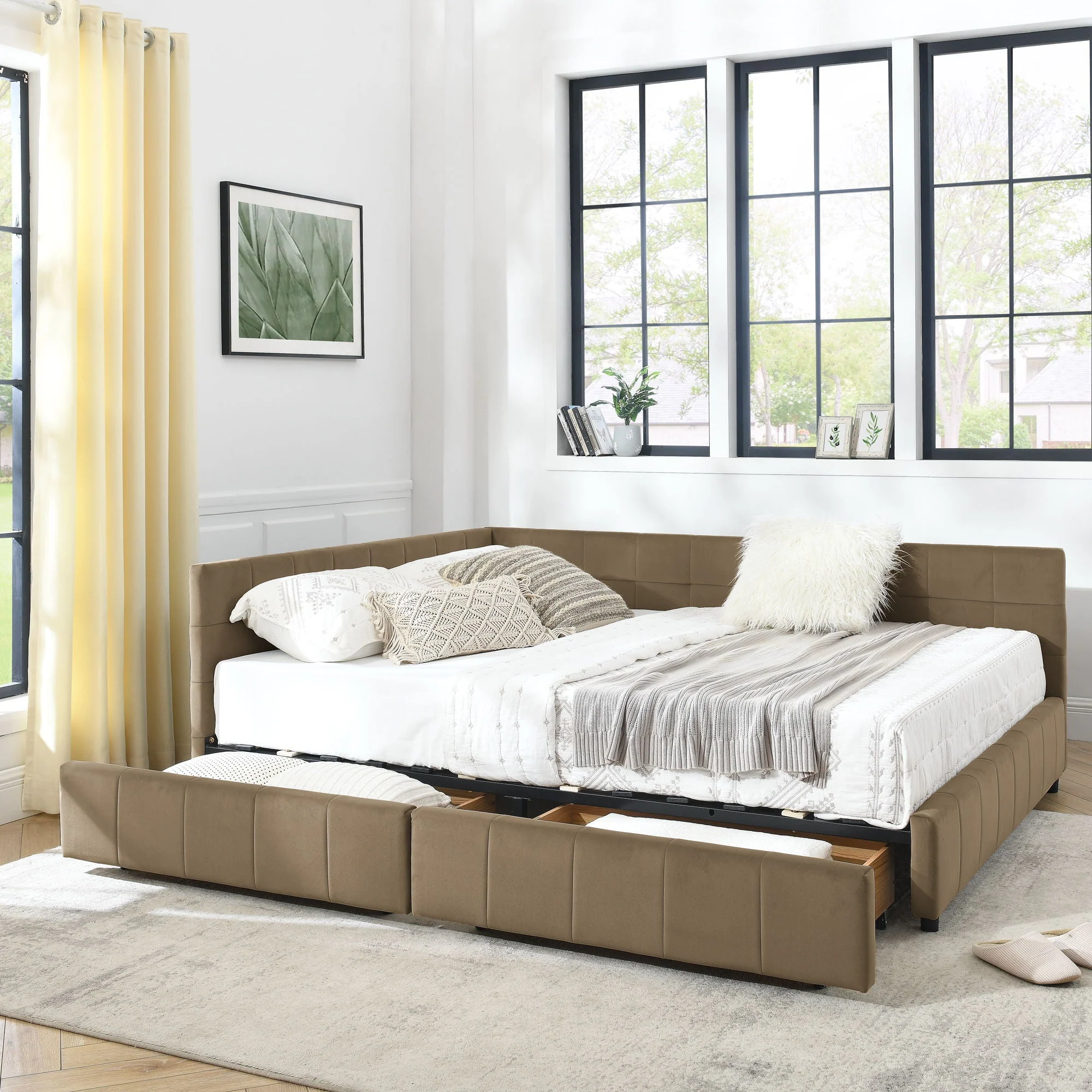 Mid-Century Storage Upholstered Tufted Bed Frame With Backrest And Armrests - Image 26