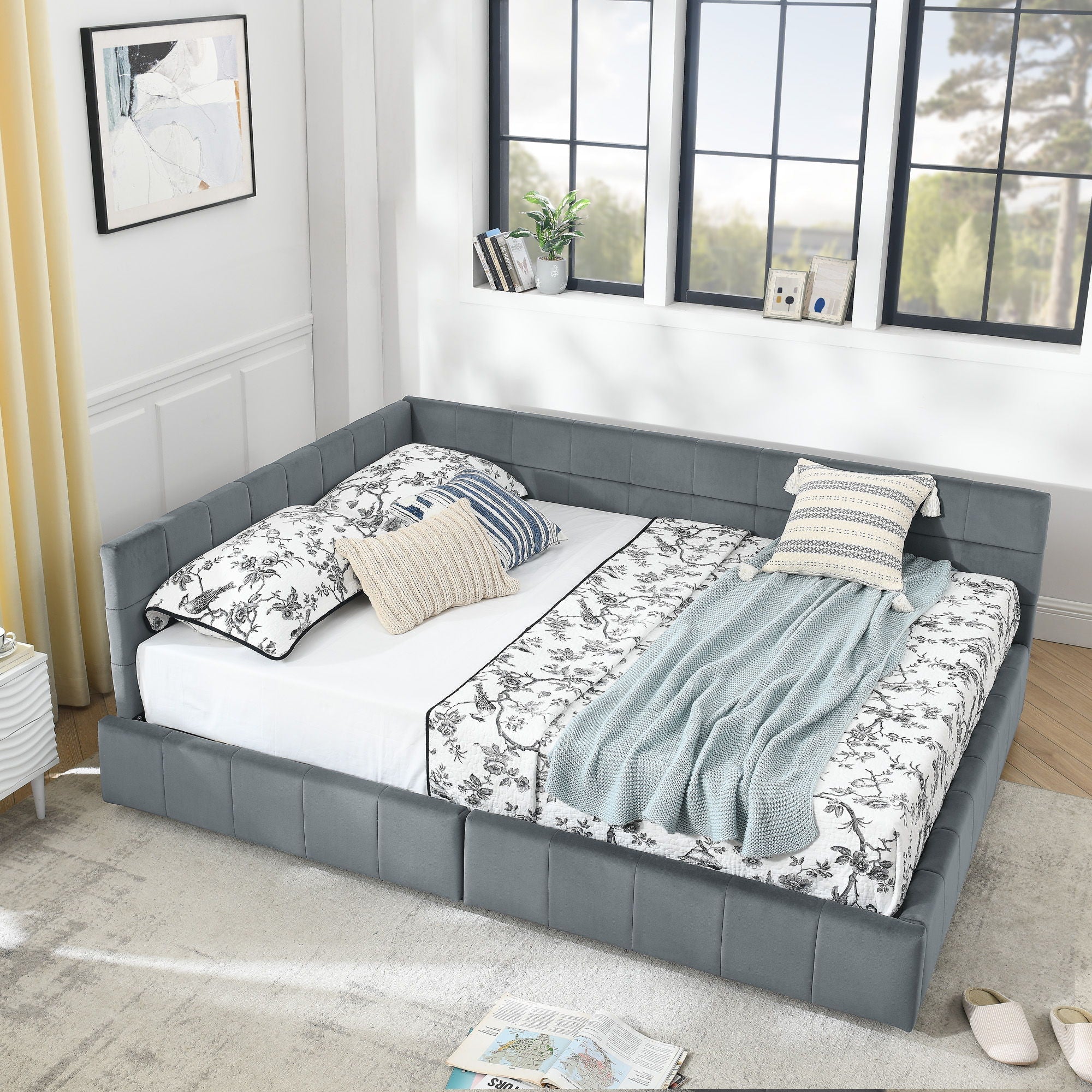 Mid-Century Storage Upholstered Tufted Bed Frame With Backrest And Armrests - Image 27