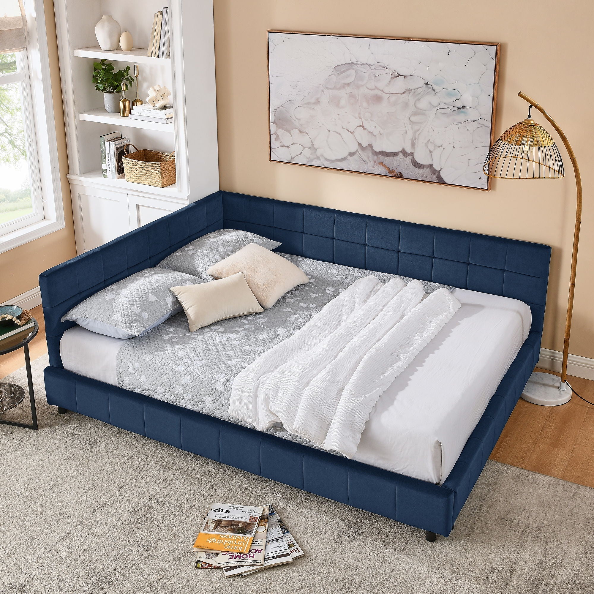 Mid-Century Storage Upholstered Tufted Bed Frame With Backrest And Armrests - Image 28