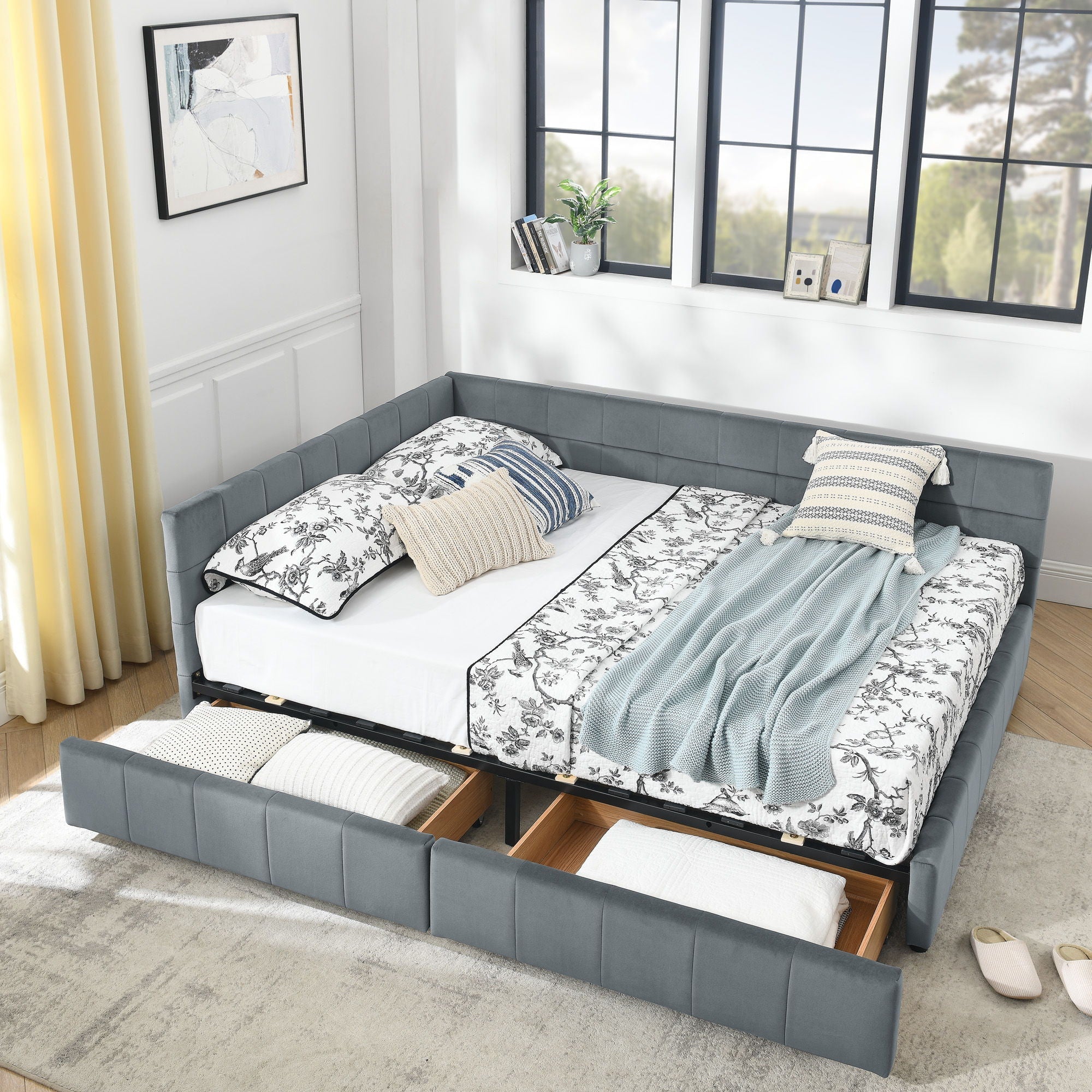 Mid-Century Storage Upholstered Tufted Bed Frame With Backrest And Armrests - Image 29