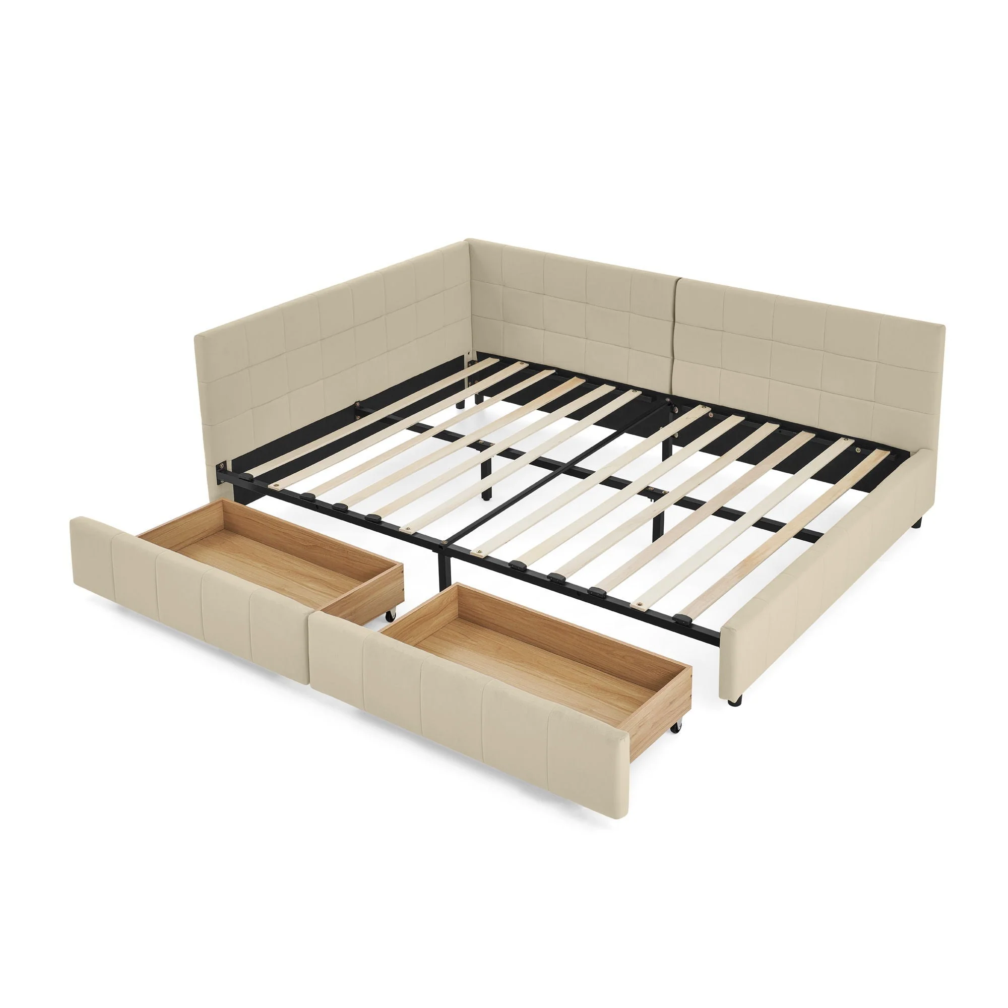 Mid-Century Storage Upholstered Tufted Bed Frame With Backrest And Armrests - Image 3