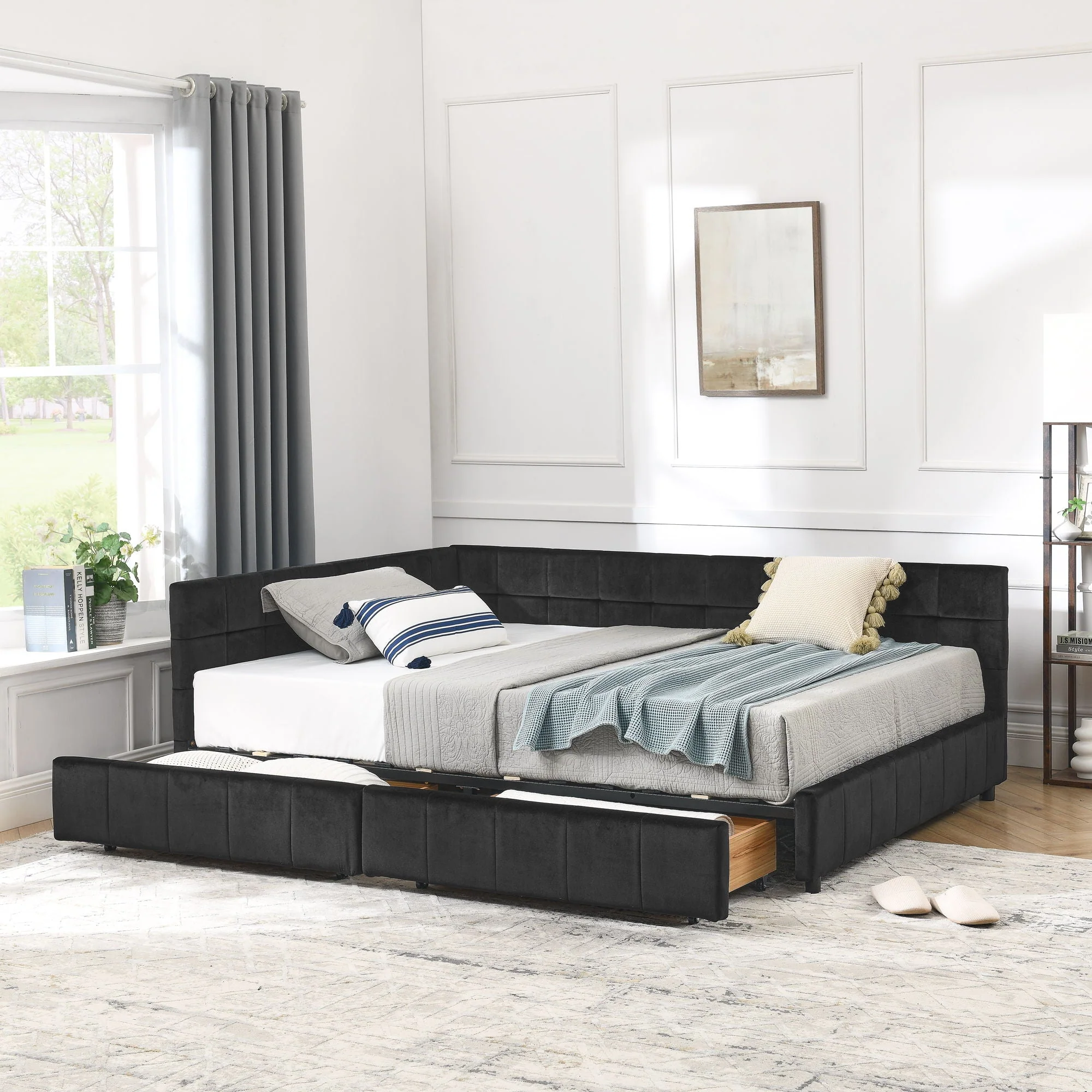 Mid-Century Storage Upholstered Tufted Bed Frame With Backrest And Armrests - Image 30