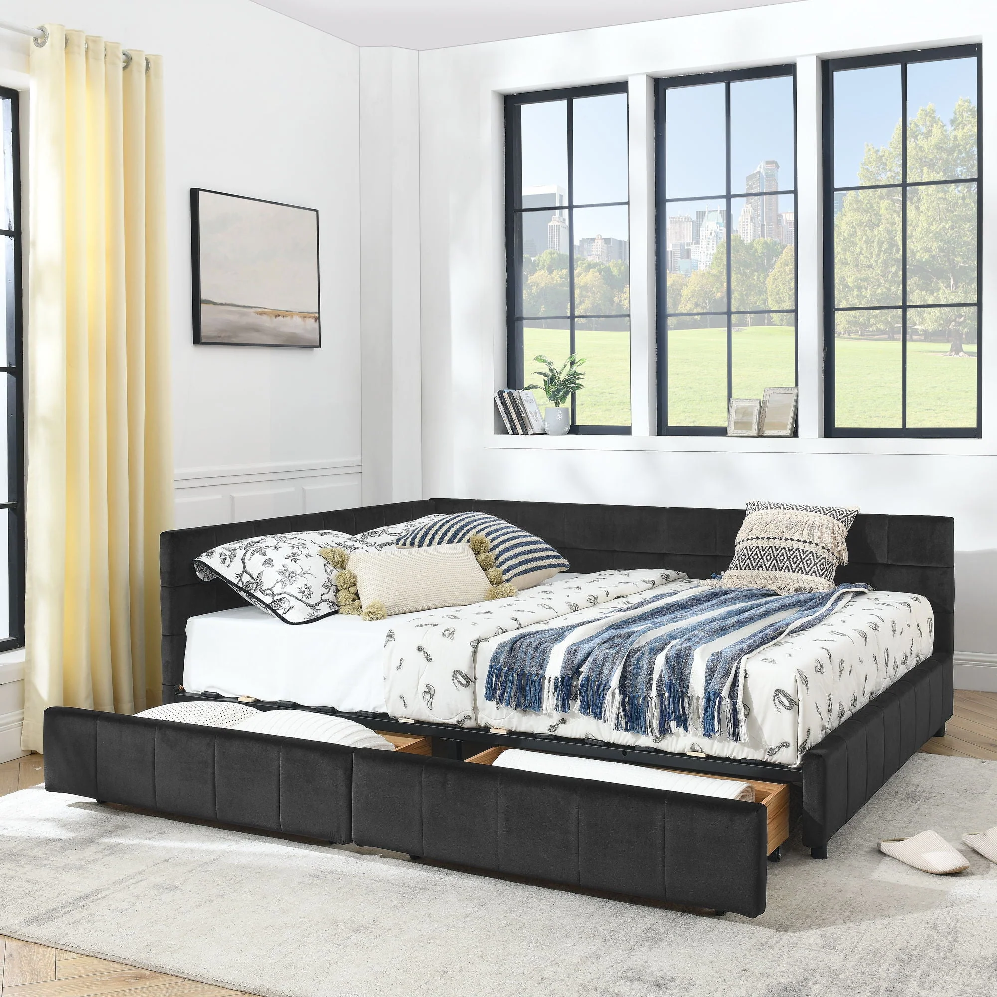 Mid-Century Storage Upholstered Tufted Bed Frame With Backrest And Armrests - Image 31