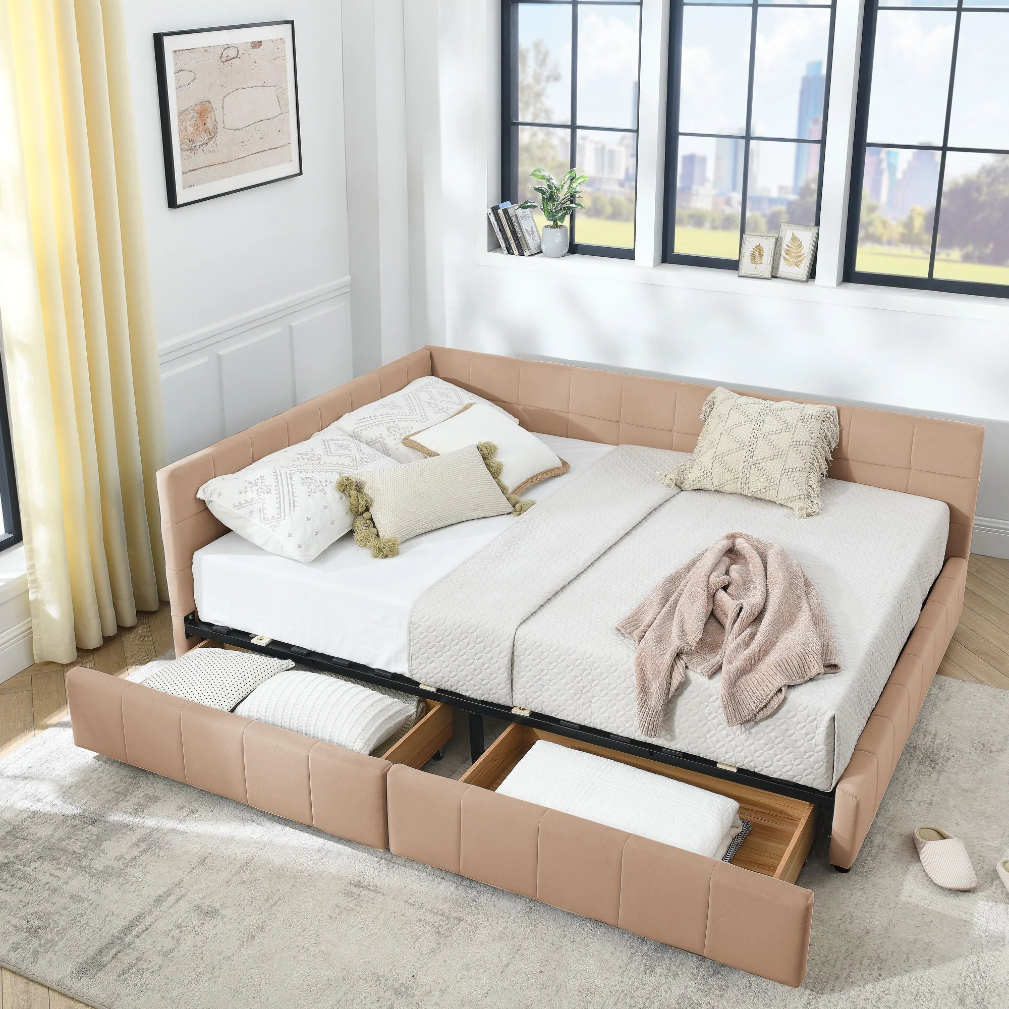Mid-Century Storage Upholstered Tufted Bed Frame With Backrest And Armrests - Image 32