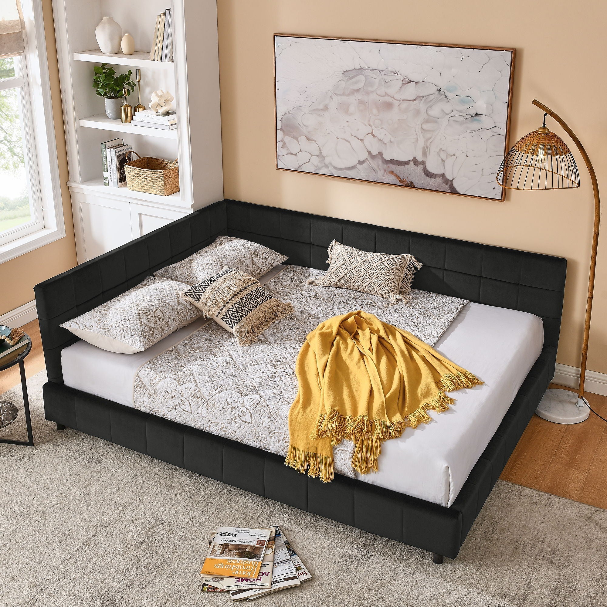 Mid-Century Storage Upholstered Tufted Bed Frame With Backrest And Armrests - Image 33