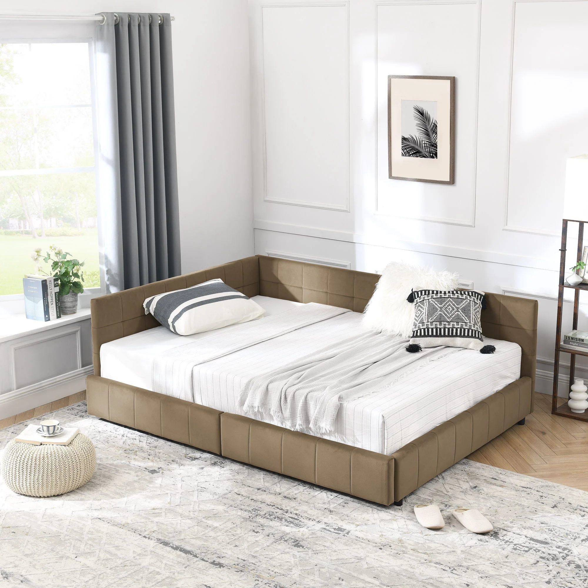 Mid-Century Storage Upholstered Tufted Bed Frame With Backrest And Armrests - Image 34
