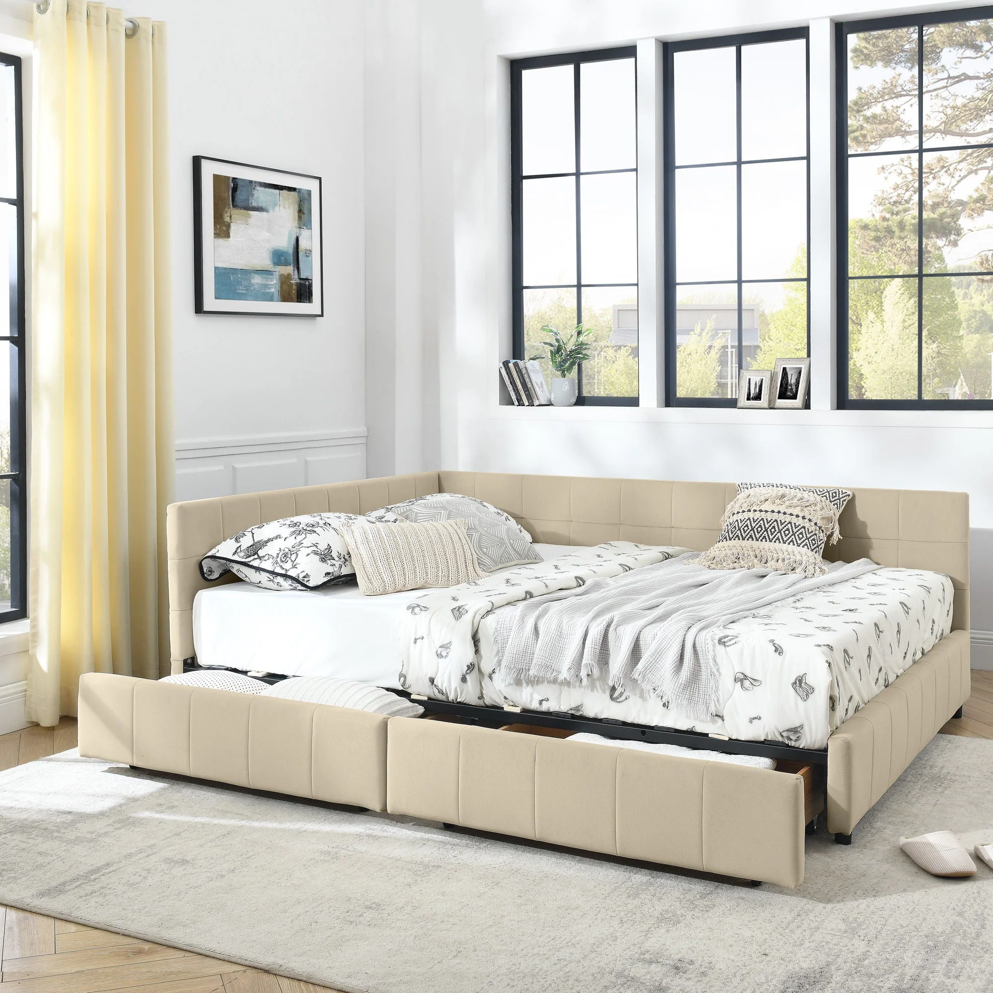Mid-Century Storage Upholstered Tufted Bed Frame With Backrest And Armrests - Image 35