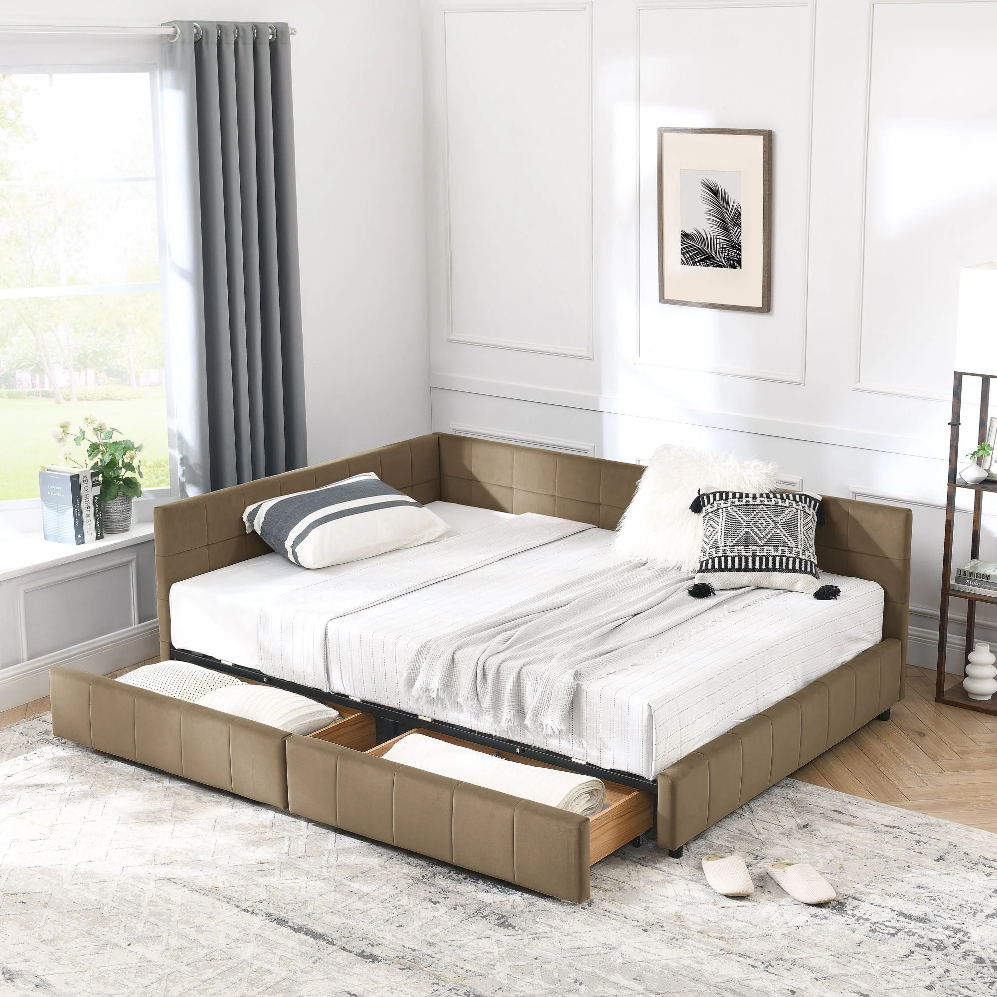 Mid-Century Storage Upholstered Tufted Bed Frame With Backrest And Armrests - Image 36