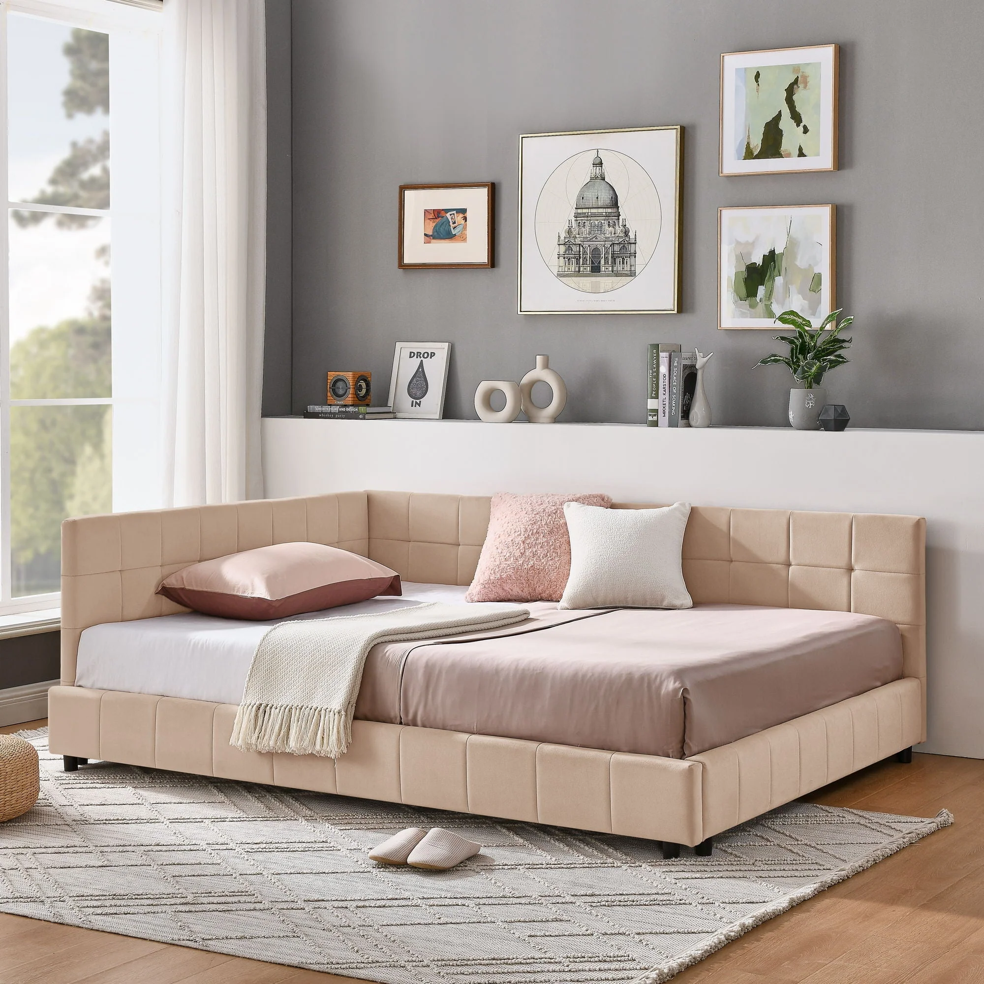 Mid-Century Storage Upholstered Tufted Bed Frame With Backrest And Armrests - Image 37