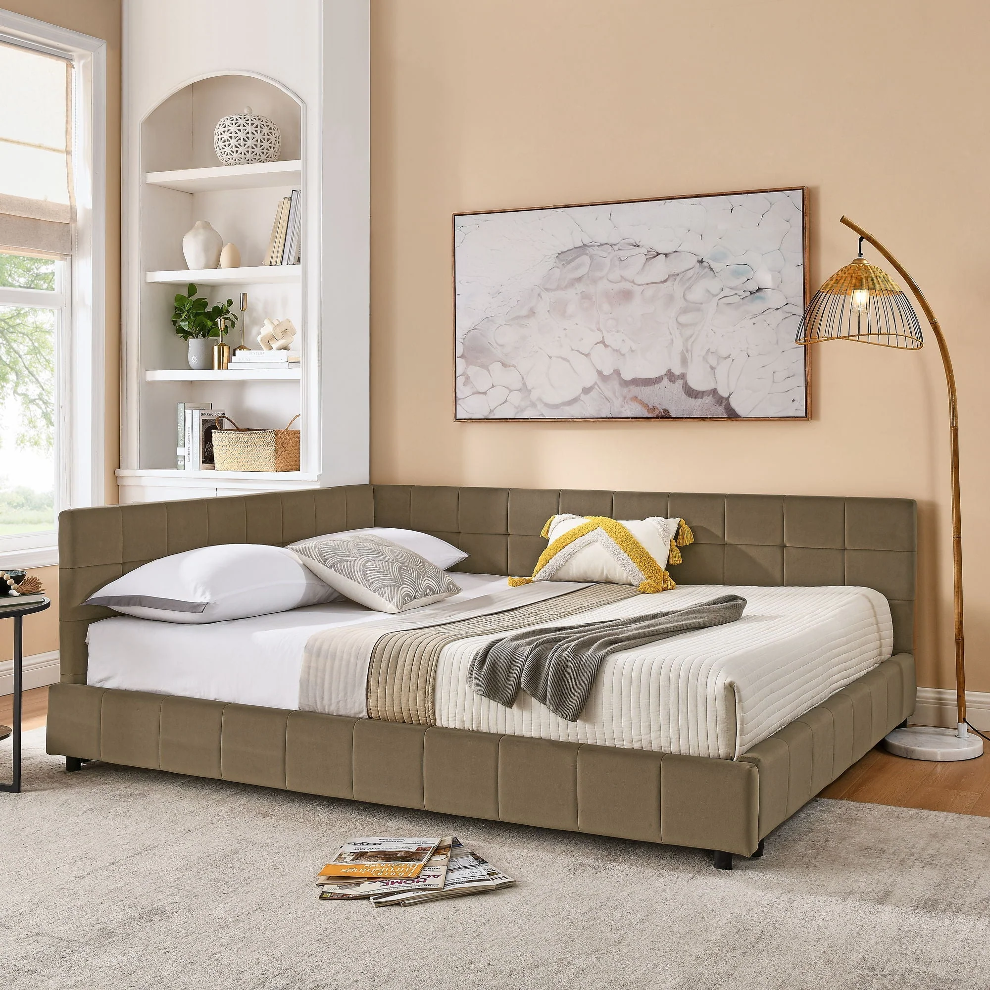 Mid-Century Storage Upholstered Tufted Bed Frame With Backrest And Armrests - Image 38