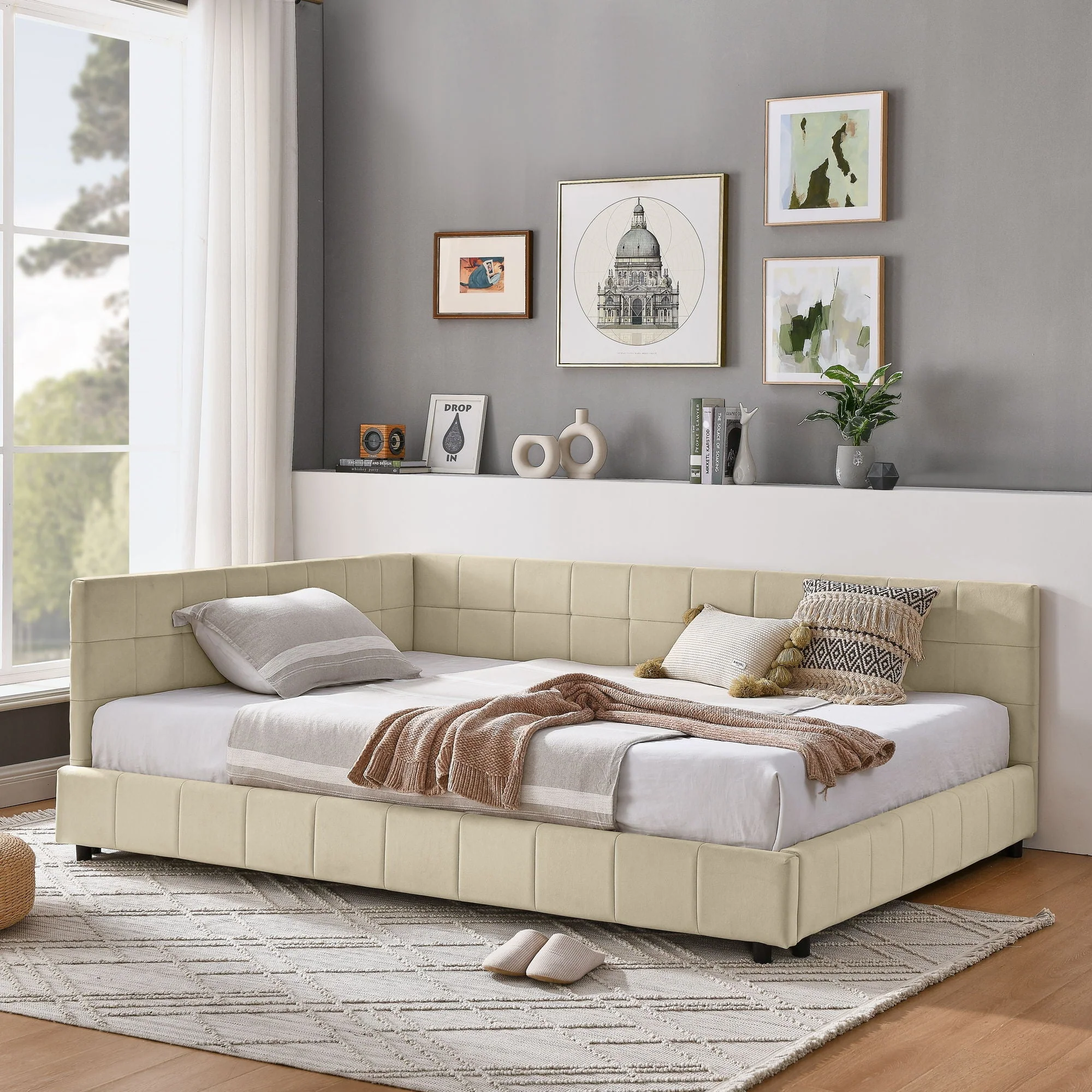 Mid-Century Storage Upholstered Tufted Bed Frame With Backrest And Armrests - Image 39