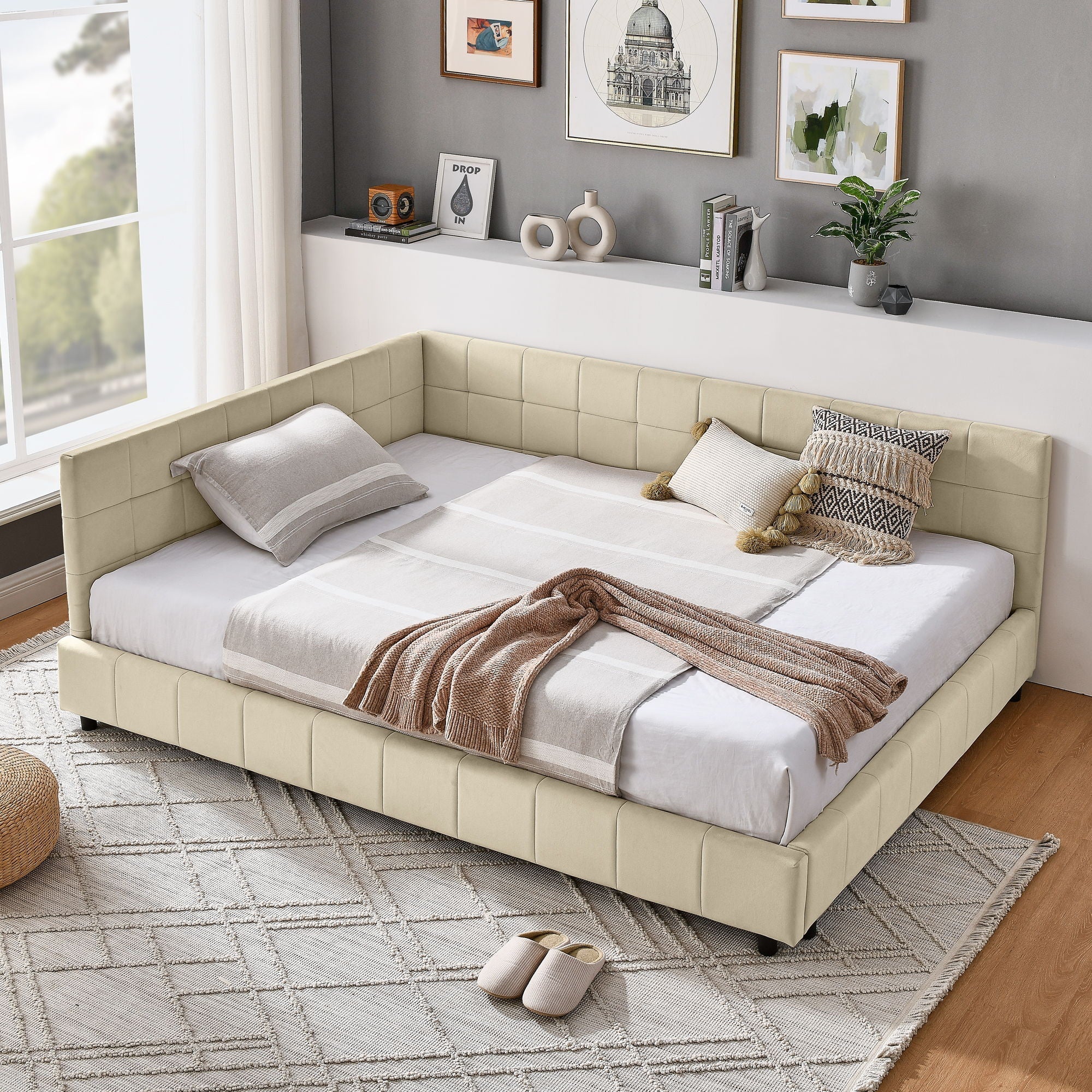 Mid-Century Storage Upholstered Tufted Bed Frame With Backrest And Armrests - Image 40