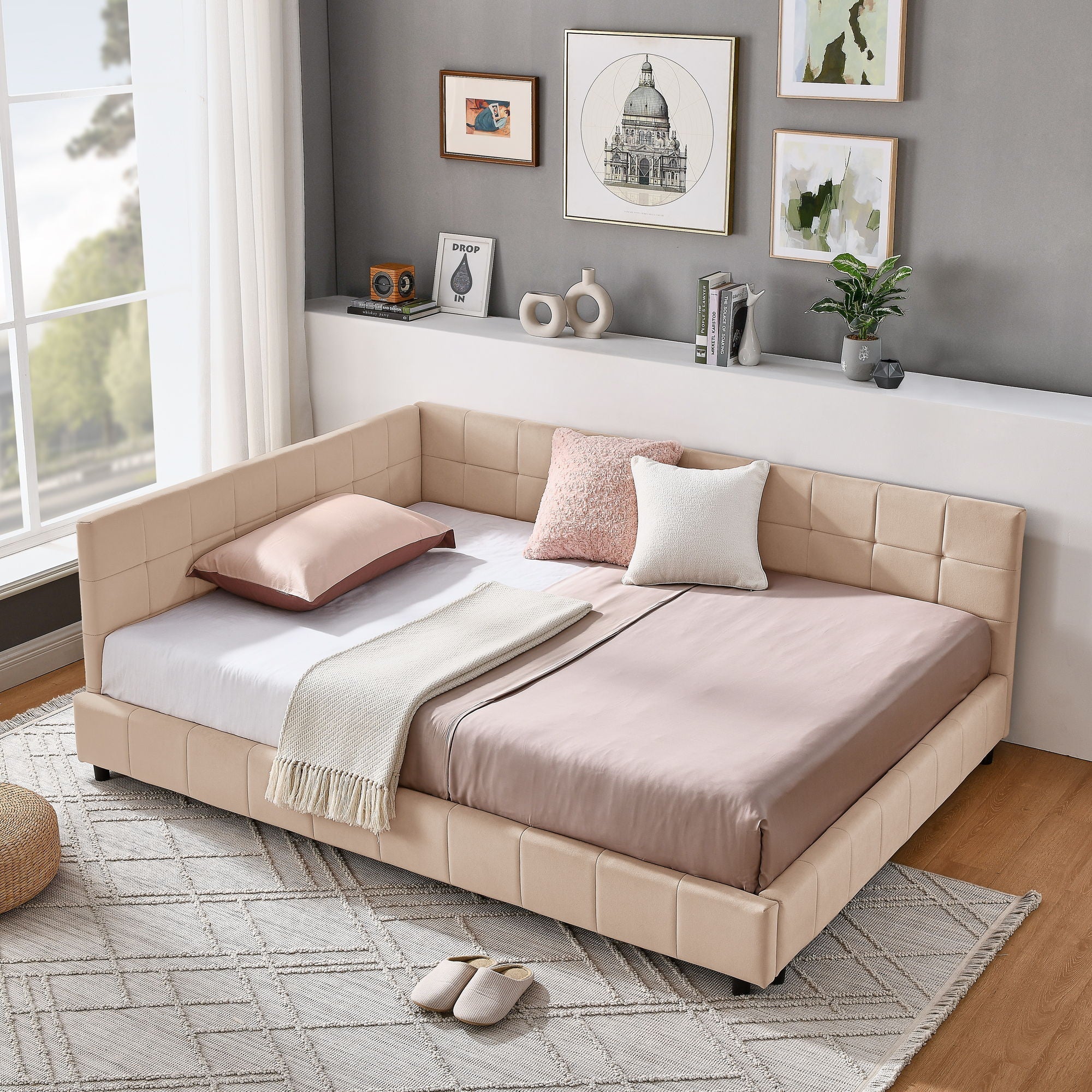 Mid-Century Storage Upholstered Tufted Bed Frame With Backrest And Armrests - Image 42